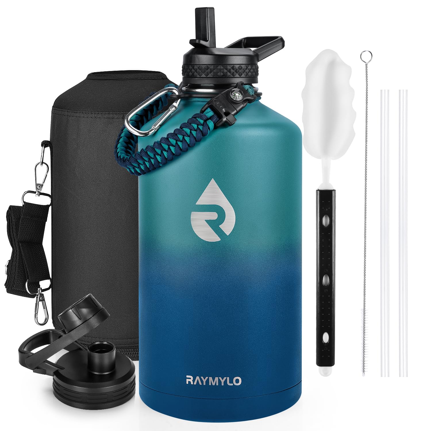 RAYMYLO One Gallon Water Bottle Insulated, Triple Walled Vacuum Stainless Steel (Cold for 48 Hrs), Leak Proof & BPA-Free, Large Water Flask Jug with Paracord Handle & Straw Spout Lids