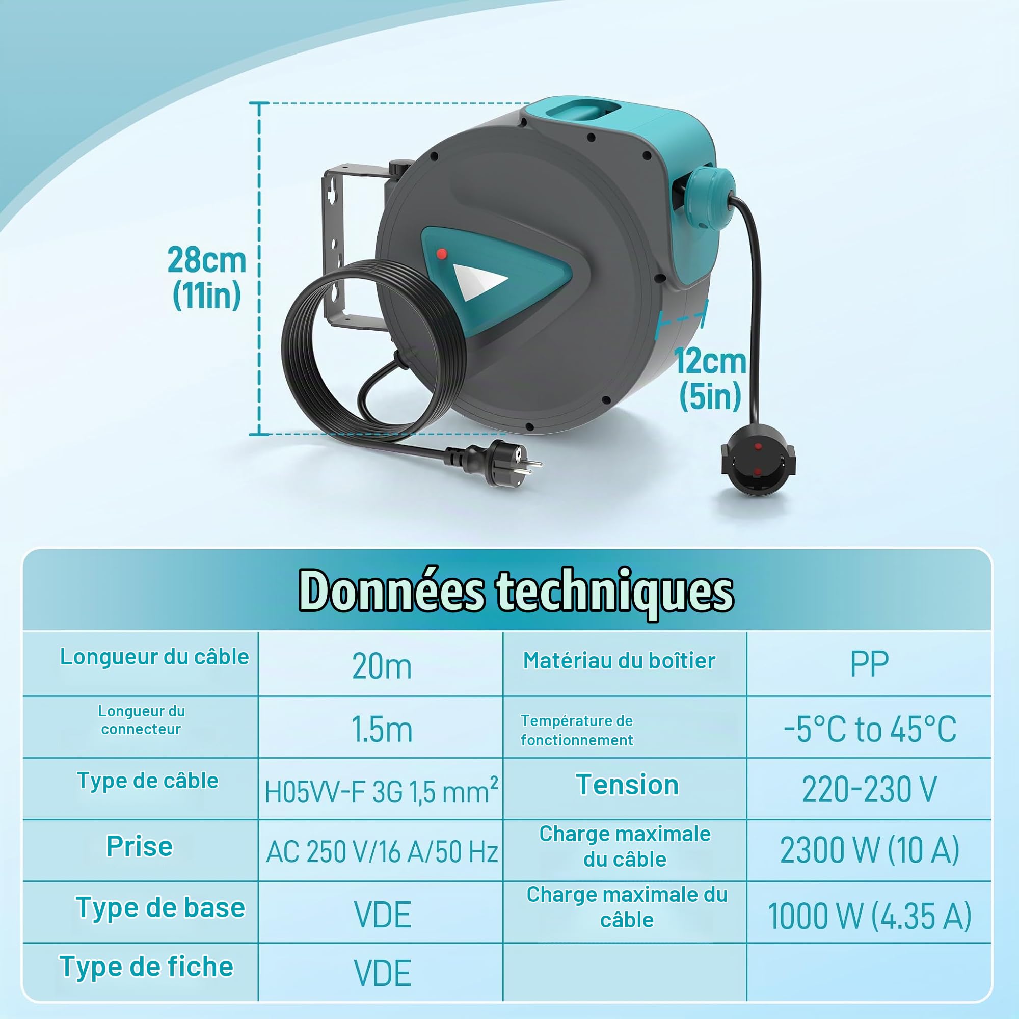 Froadp 20m Enrouleurs de Câbles électriques, Enrouleur Automatiques avec Rotation 180° Support Mural, Fils Prolongateur électrique avec Protection Contre les Surcharges(Bleu)