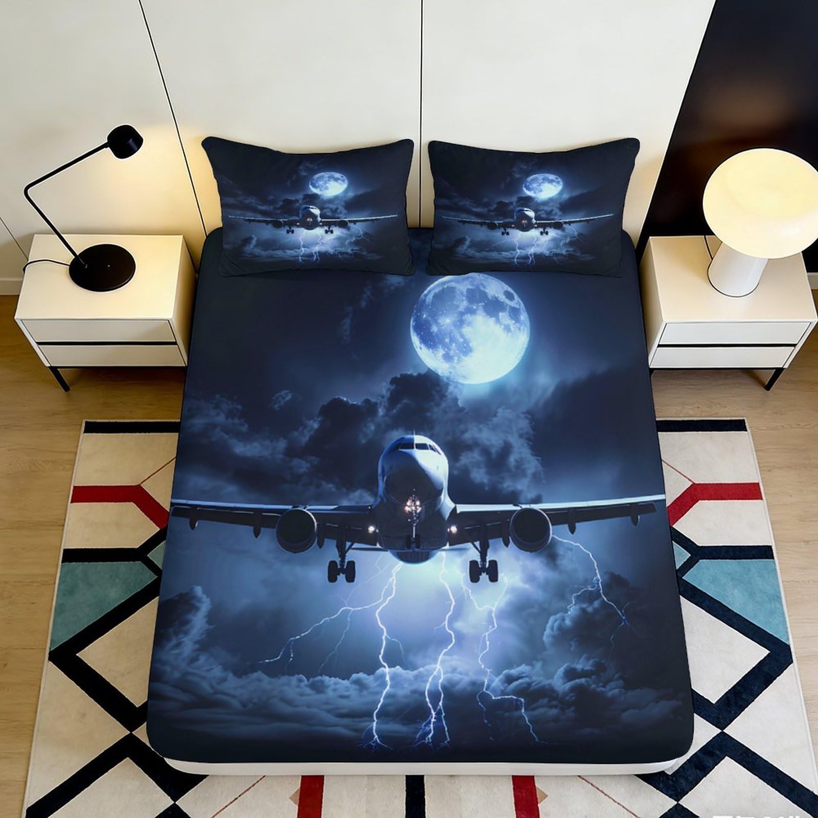 Uynsixtme Style-5 3D Printed Night Airplane Fitted Sheet Microfiber Deep Pocket Non-Slip Bedding Set Night Sky Mattress Fitted Cover For Adults Teens 140X200x25cm