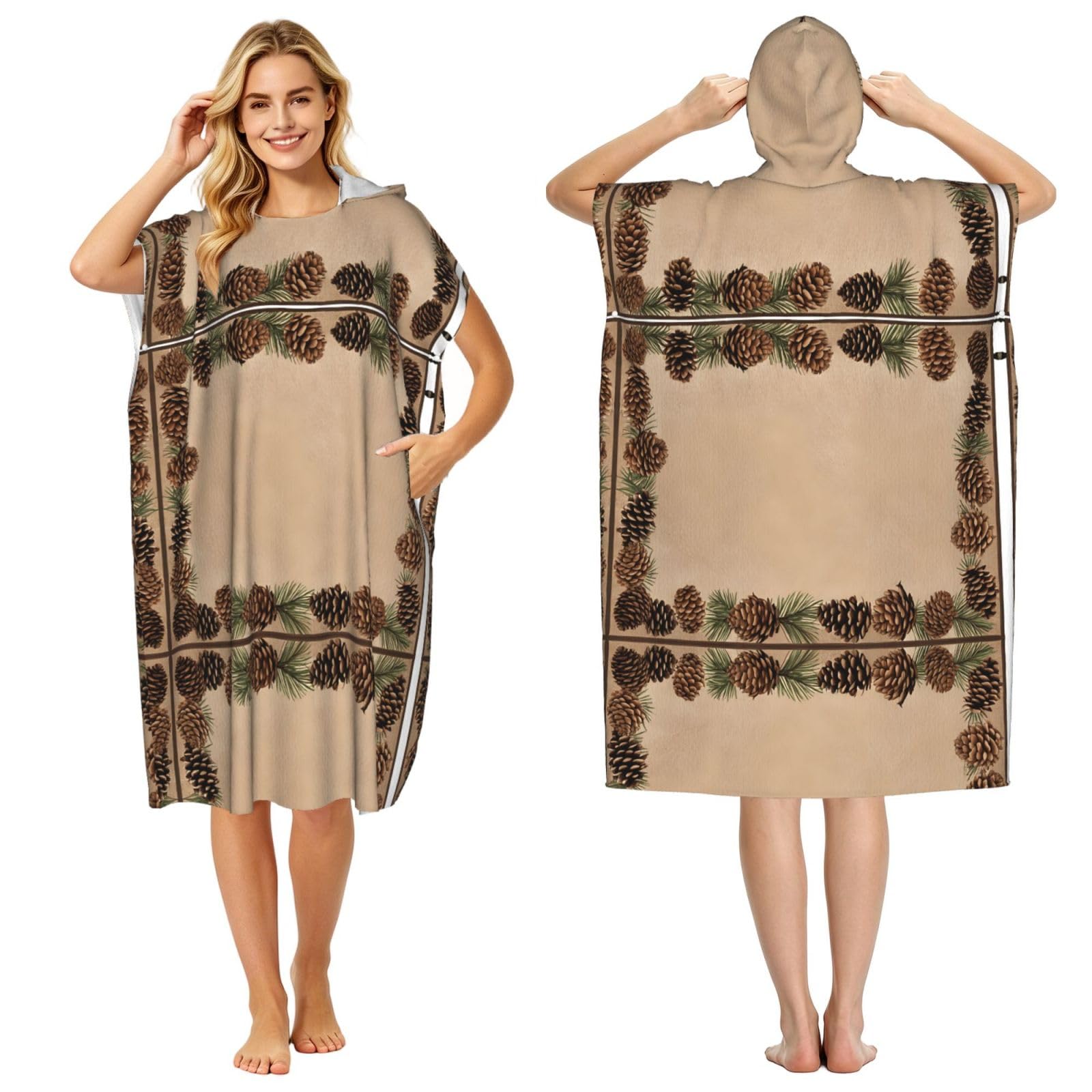 ESNAIUVCD Pine Cone Border Print Changing Robe, Hooded Towel Poncho For Swimming Pool, Beach,Quick Dry & Light Weight Towelling Poncho For Adults Women Men