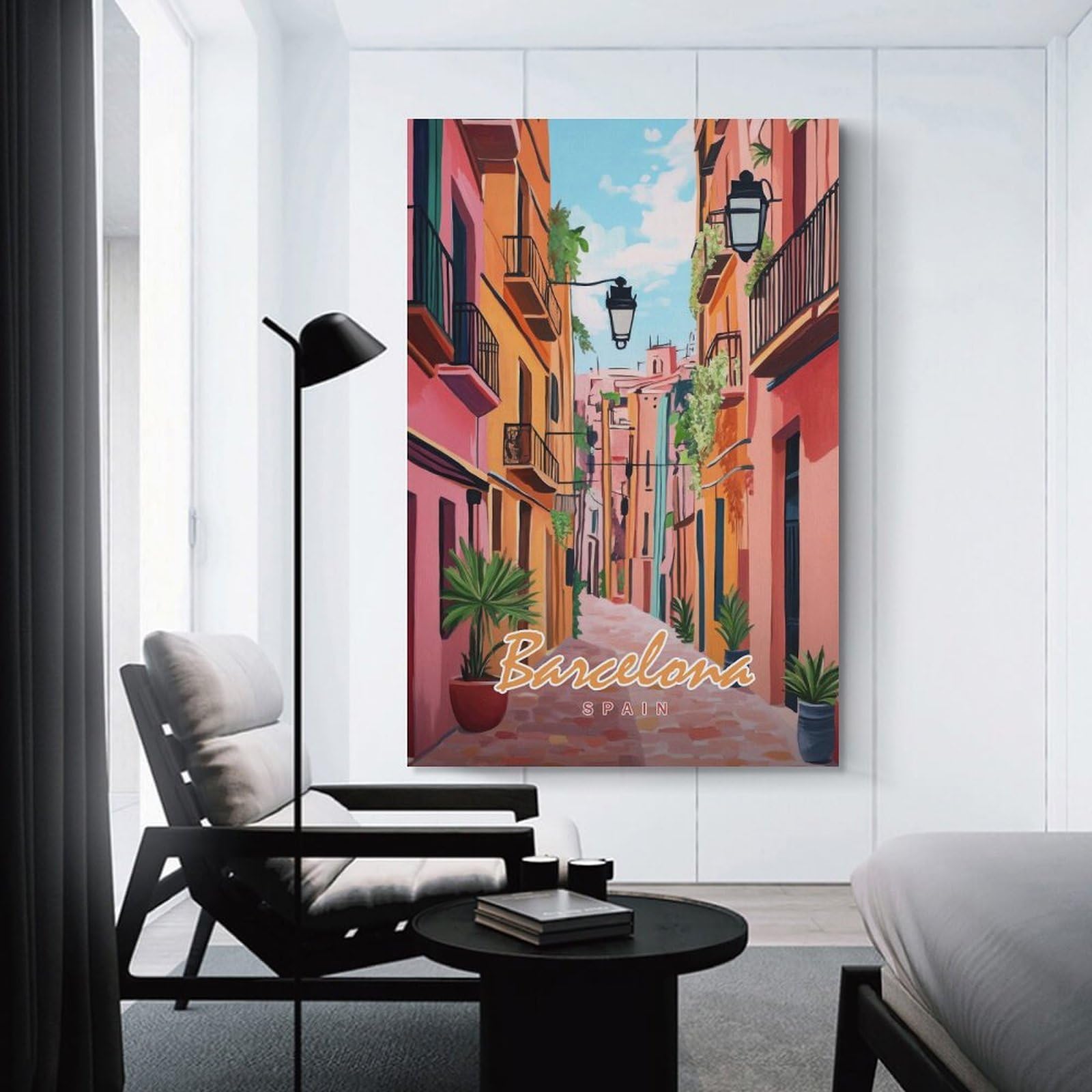 Junmoney Unframe-Style-21 Wall Decor Canvas Print Barcelona Street Painting, 24X36inch(60X90cm), For Study, Office Or Apartment Decor, Canvas Artwork With Gifting Potential