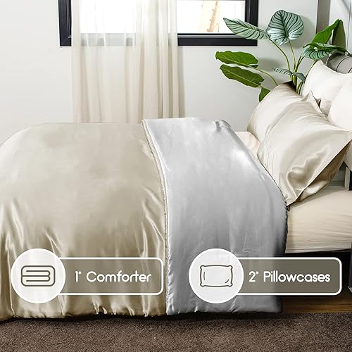 Miniatura 5 de REDKEY Juego de edredón de satén tamaño King, lujoso juego de edredón reversible reversible de dos colores con 2 fundas de almohada, tamaño King,