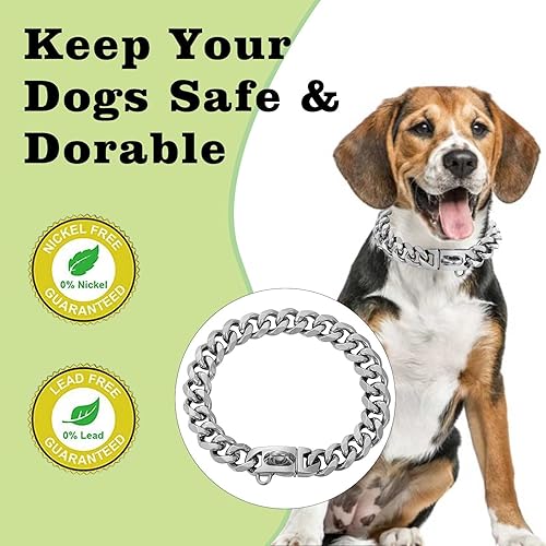 Miniatura 6 de Collares de perro de acero inoxidable con cierre de hebilla de seguridad collar de entrenamiento de cadena de eslabones cubanos de 18 quilates