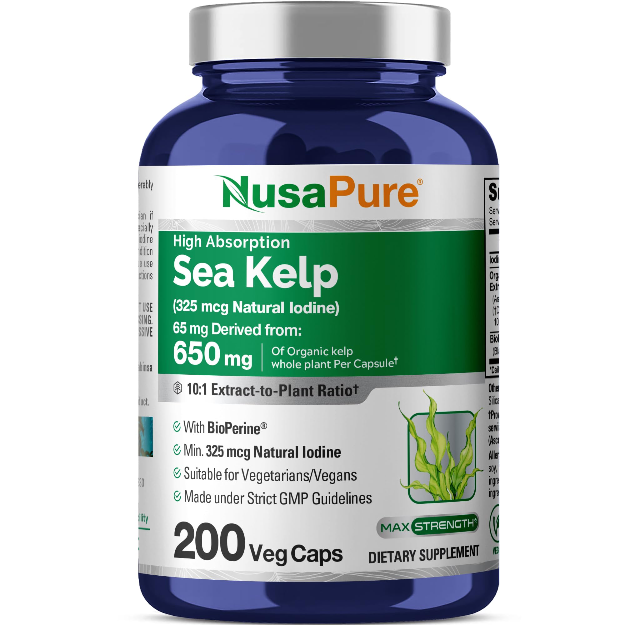 NusaPure Sea Kelp Natural Iodine 325mcg 10:1 Extract, 65 mg Equivalent to 650 mg Capsule 200 Count (Non-GMO, Vegan)