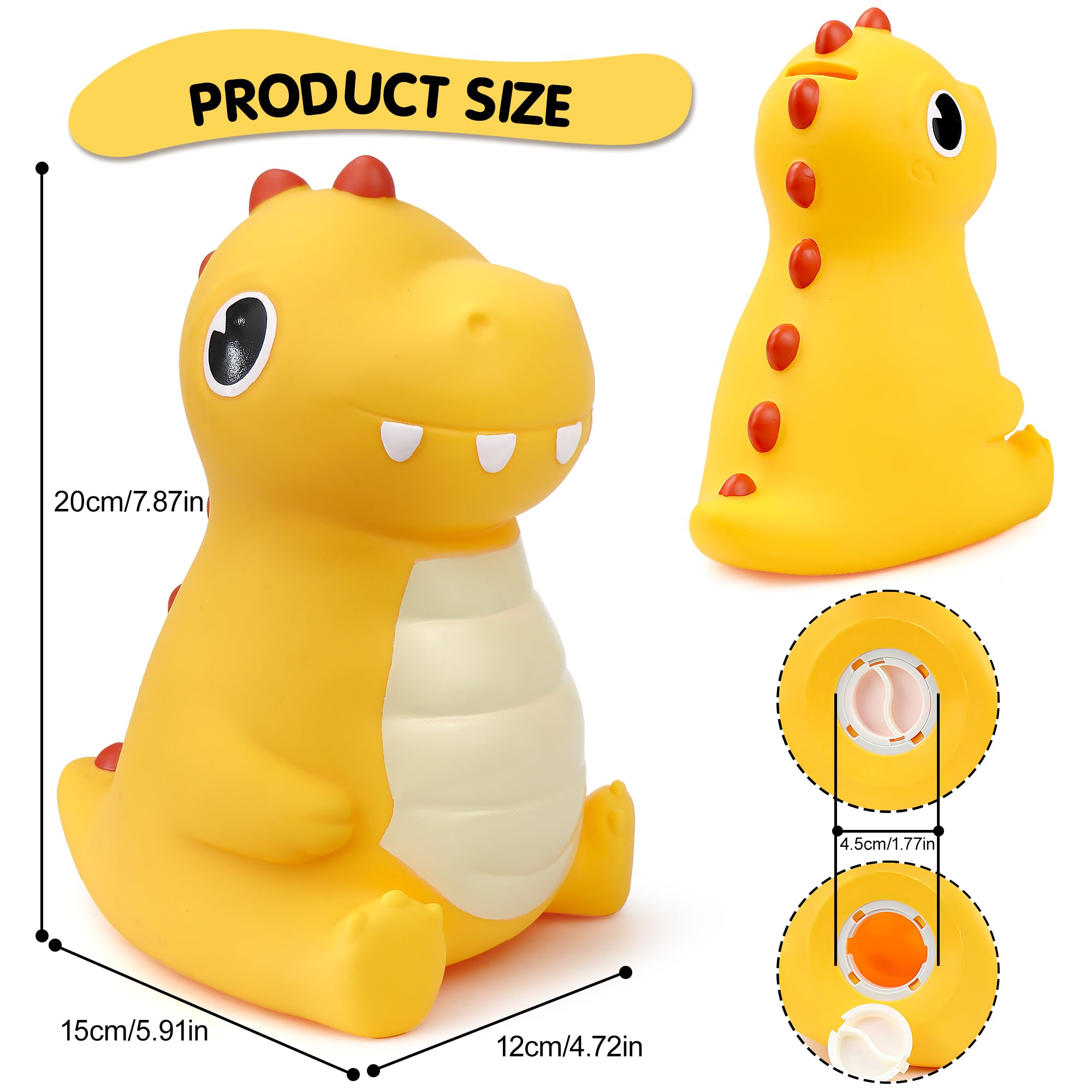 Salvadanaio Dinosauro Per Bambini - Contamonete Colorato In PVC Sicuro - Regalo Compleanno, Natale (Giallo) - Foto 7