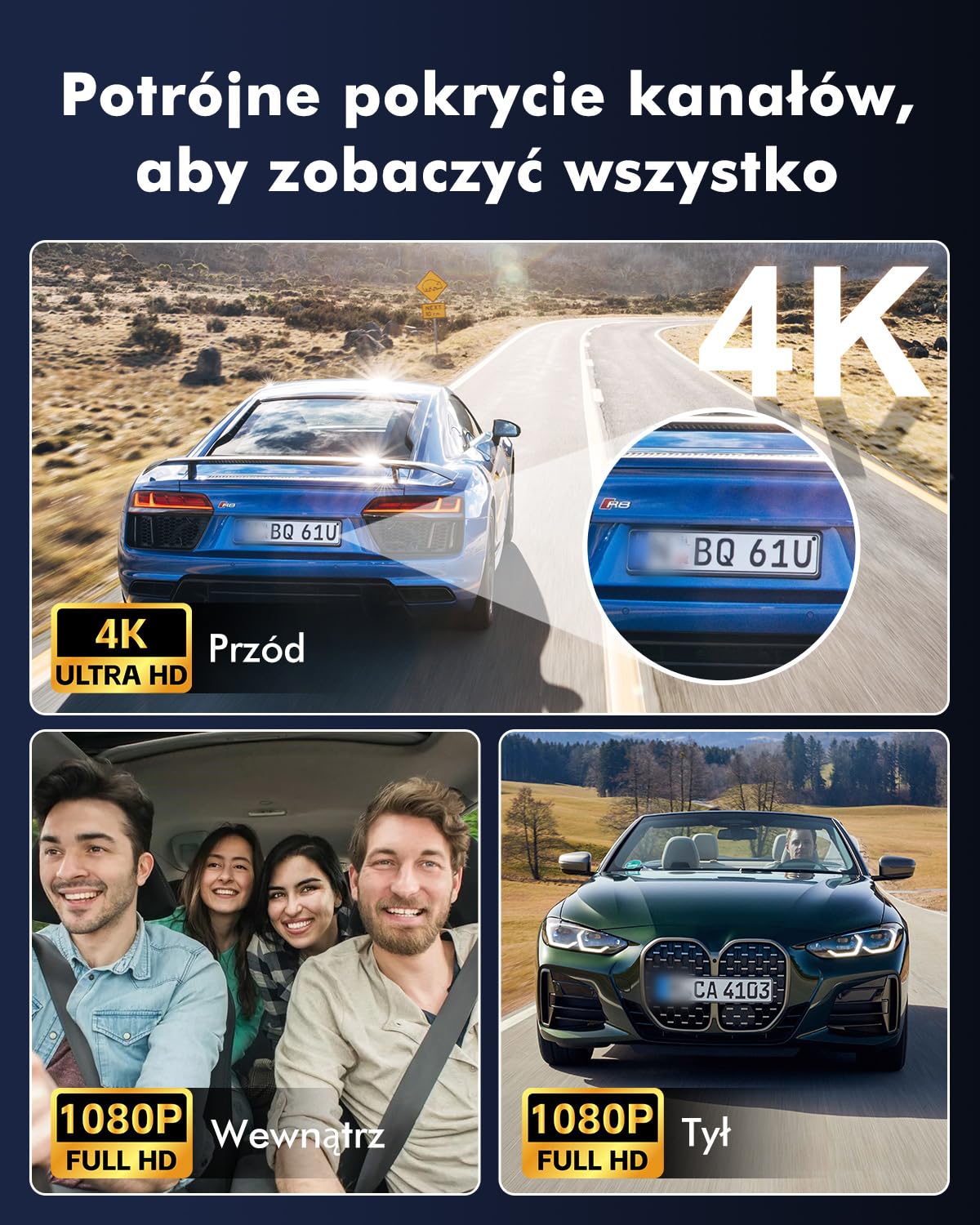 3-Kanałowa Kamera Samochodowa, 4K UHD Z przodu + Full HD Z tyłu + Wnętrze, Kamera samochodowa z 24-godzinnym trybem parkingowym, WiFi 6 i GPS, Dashcam IPS 3 cale z kartą 64 GB (V1)