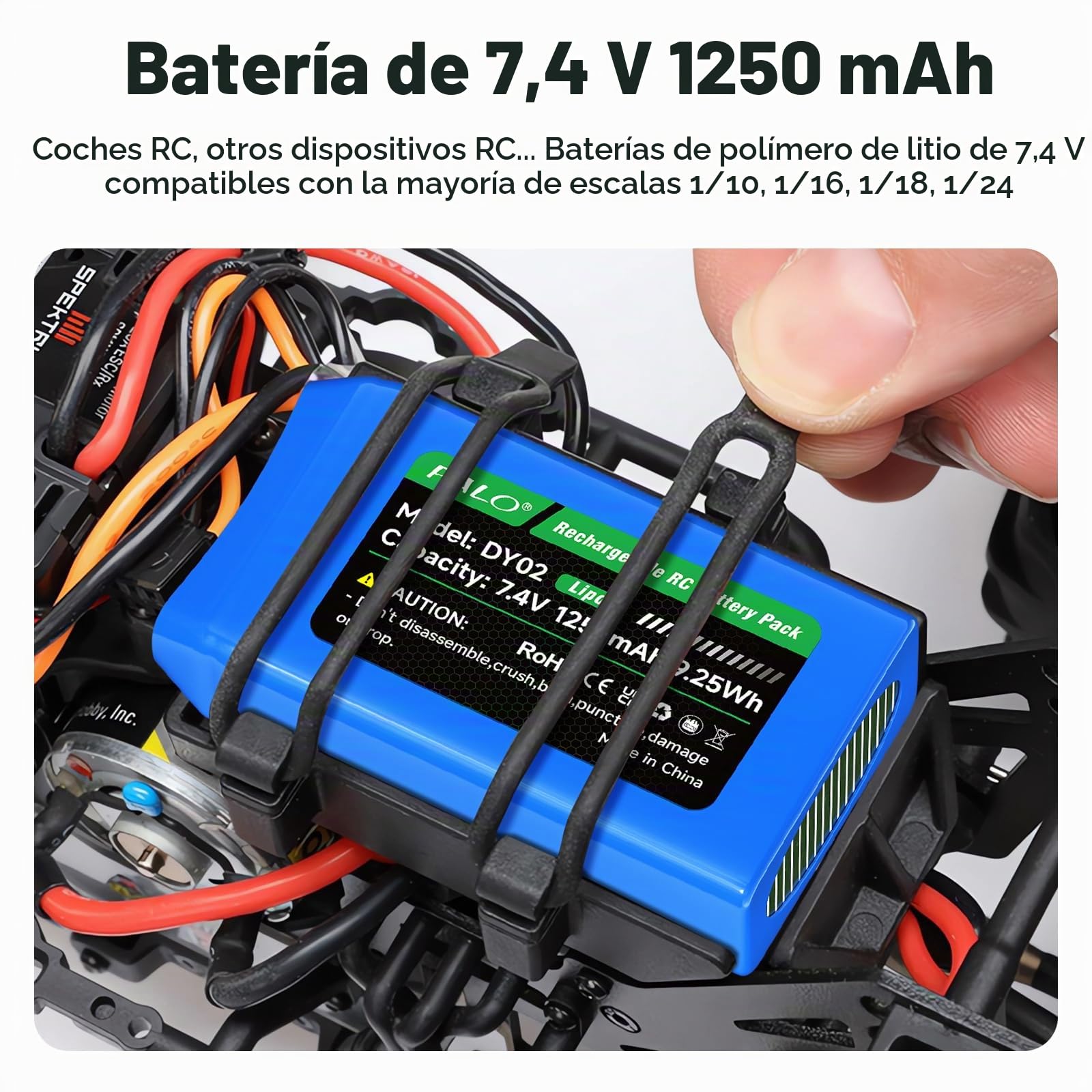 Batería Lipo 7,4 V 1250mAh PH2.0/JST/SM-2P/MX2.0 batería 25C, Enchufe Equilibrio XH2.54-3P y Cargador USB, para WLtoys RC Crawler SCX24 CR18P FCX18 FCX24, para Coche RC Avión, 2 Piezas