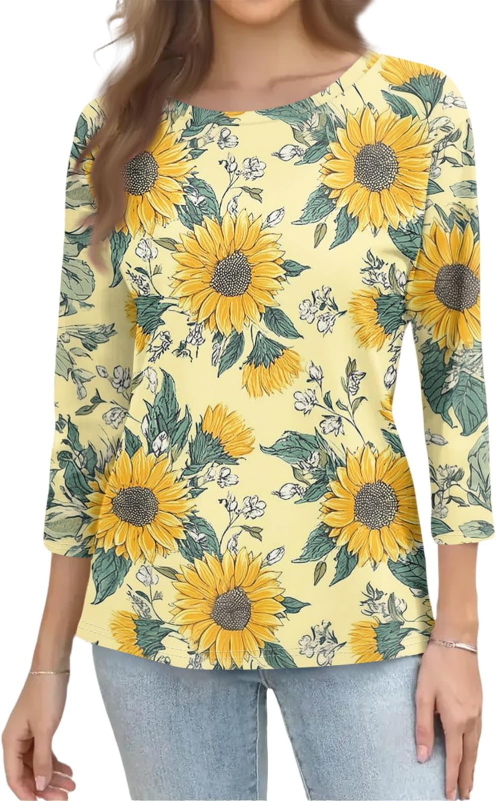 3/4 Length Sleeve Womens Tops Summer Trendy Crewneck Sweatshirts Plus Size Lightweight Casual Graphic Basic Blouses