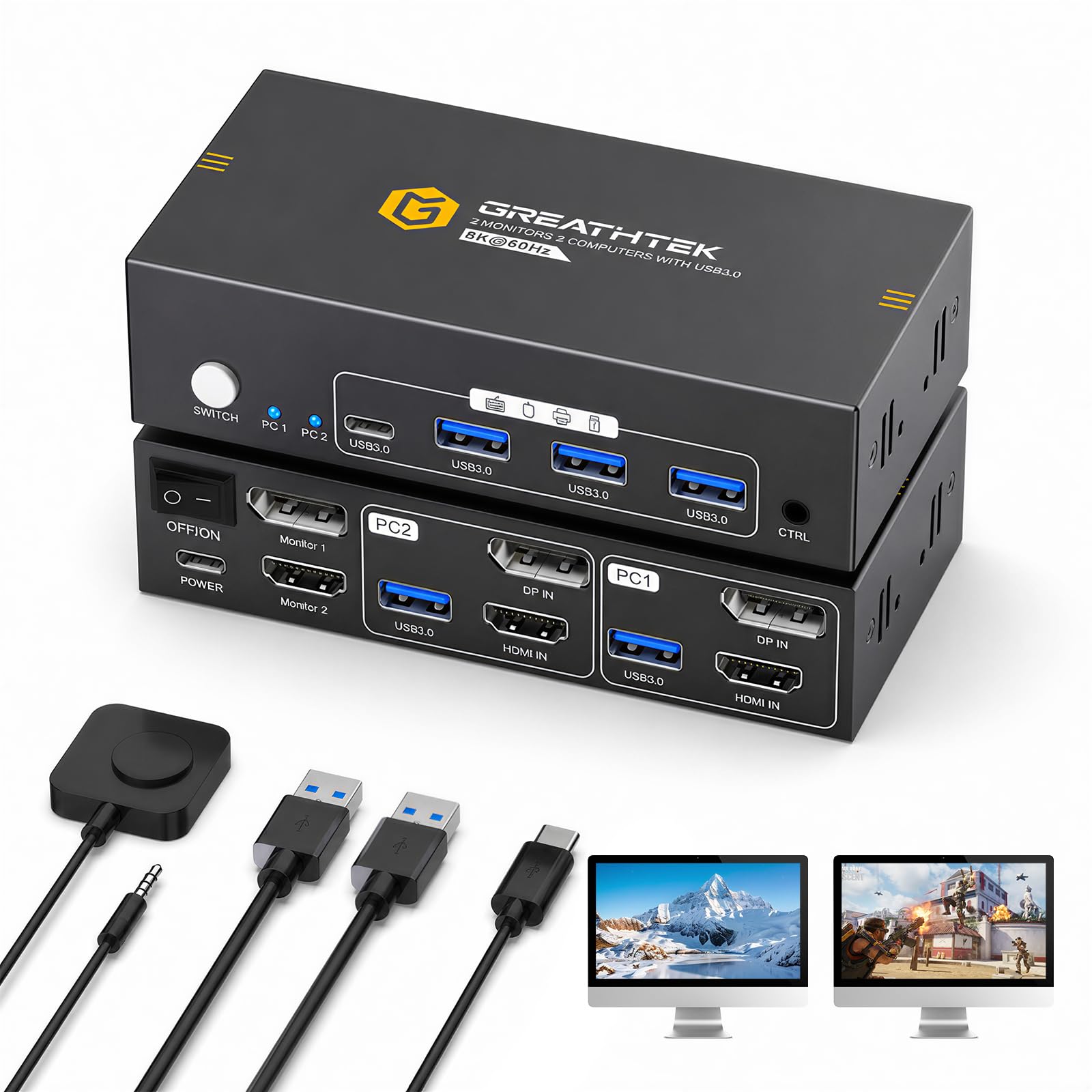 Photo 1 of HDMI+Displayport KVM Switch 2 Monitors 2 Computers 8K@60HZ Dual Monitors KVM Switcher for 2 PC/Laptops Share Mouse Keyboard and 2 Screens,with USB3.0 Ports/Wired Controller EDID Adapative
