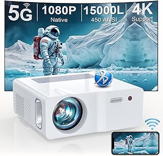 Native 1080P 5G WiFi Bluetooth Projector,15000L 450 ANSI Outdoor Movie Projector 4K Support and Max 450" Display, LED Home Theater Video Projector Compatible With iOS/Android/Win/TV Stick/PS5 White