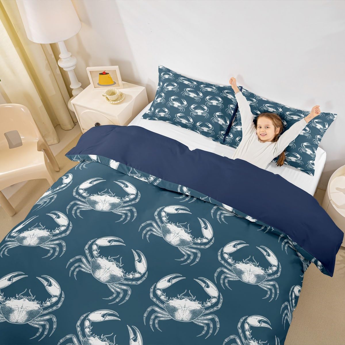 Castle Fairy Crab Duvet Cover Toddler Size,Nautical Sealife Comforter Cover with 1 Pillowcase,Beach Sea Animals Bedding Set 2pcs for Kids Bedroom Decor,Vintage Blue Printed Quilt Cover,Not Comforter