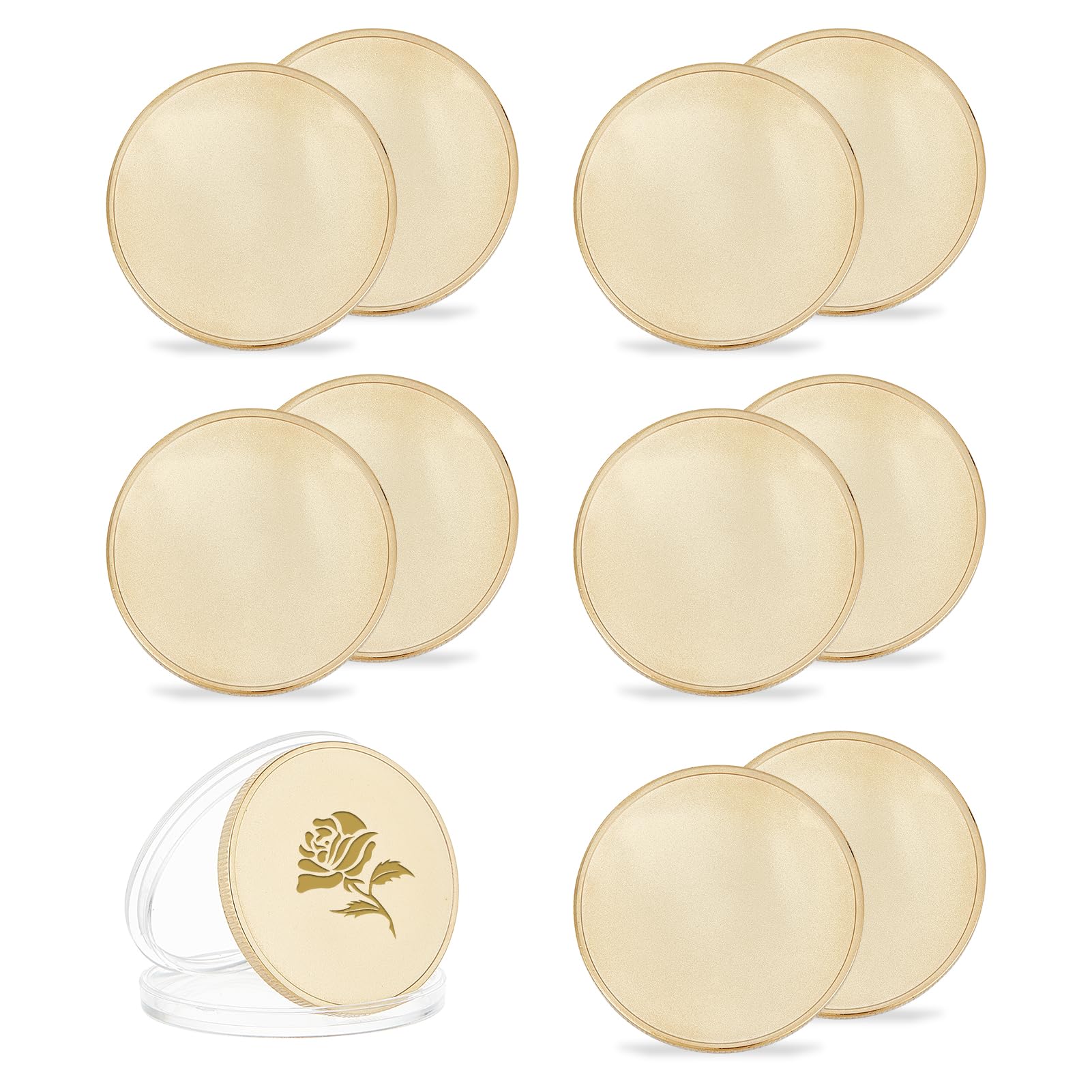 NICENEEDED 10 Pieza de Moneda de Desafío En Blanco de Latón, Monedas En Blanco de 40mm para Grabado Láser con Caja Protectora de Acrílico