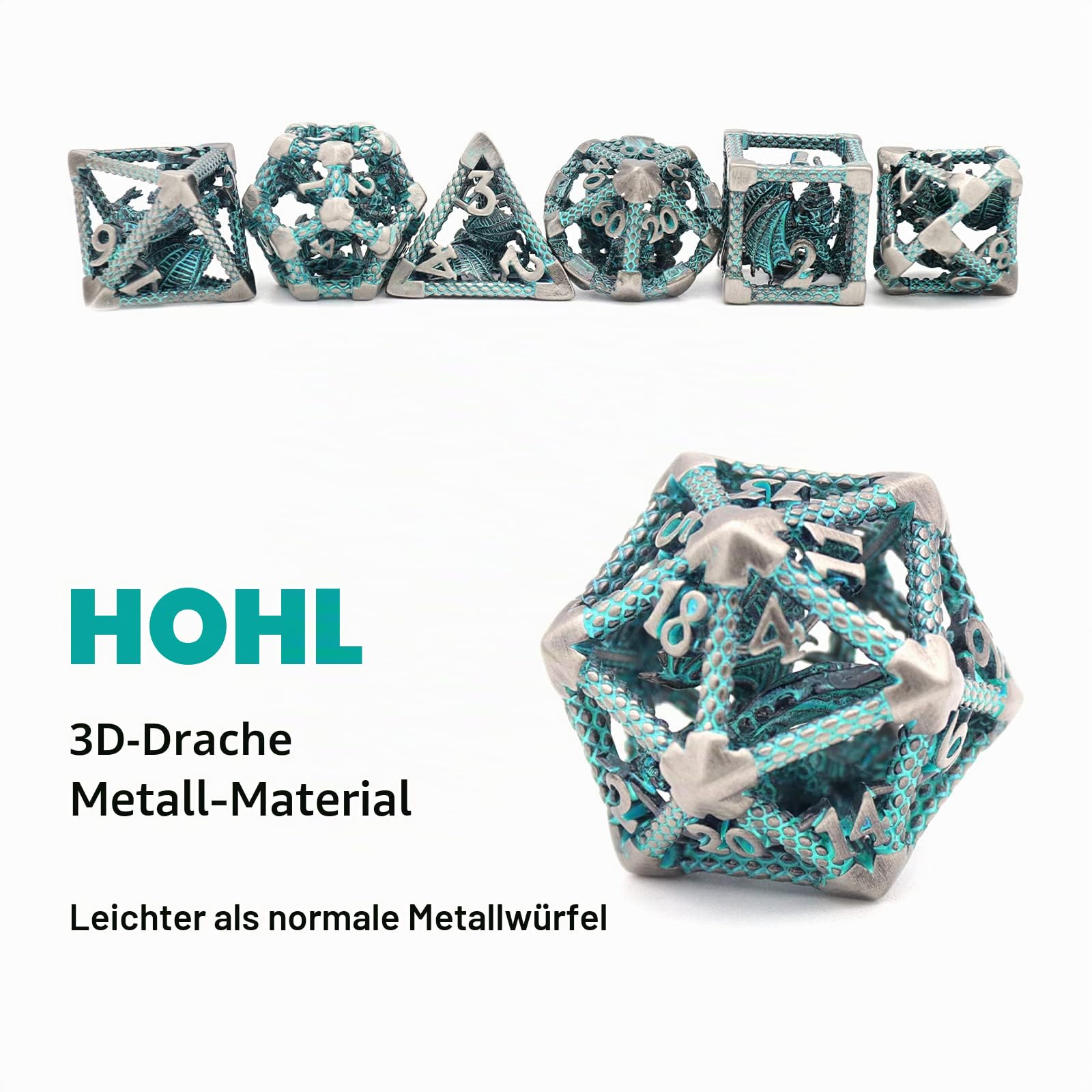 DND Würfel, Metall Spielwürfel Dungeons and Dragons Würfel Set HNCCESG Hohle 3D Drachen D&D Würfel Polyedrische Würfelset für Pathfinder MTG RPG DND Dice Set W20 W12 W10 W8 W6 W4 (3D-Blau)