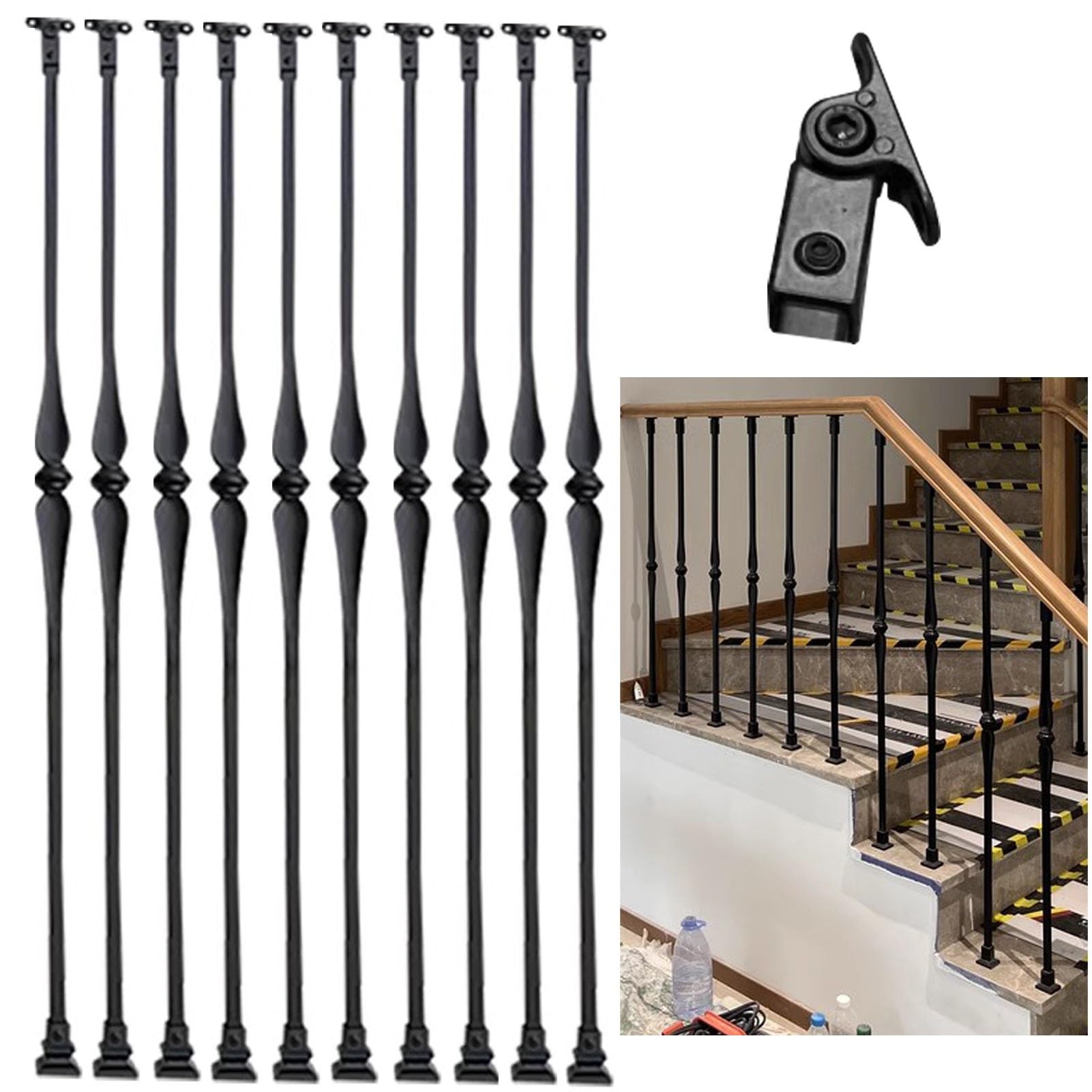Rampe d'escalier fer forgé ajustable avec balustres à pieds pivotants