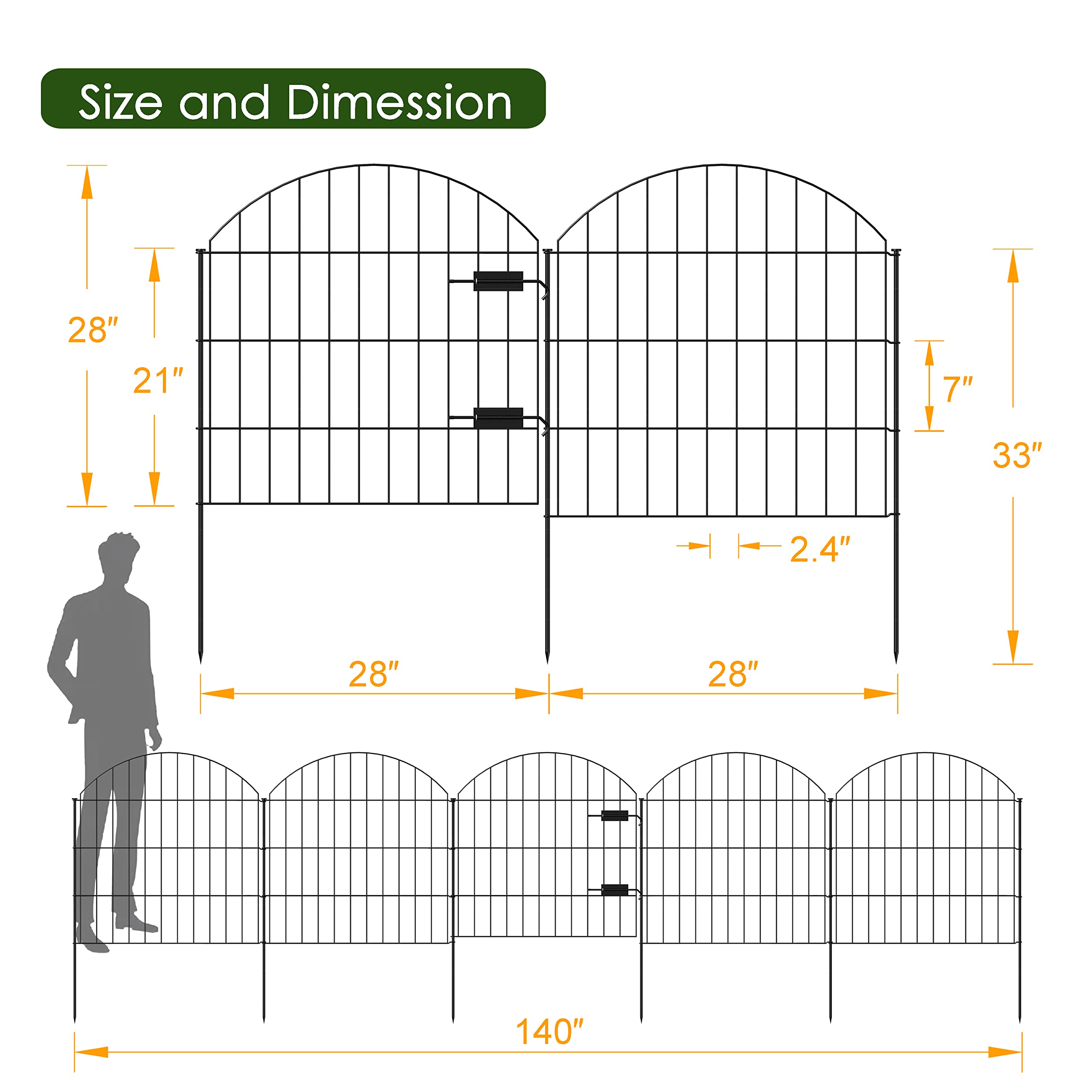 FOREHOGAR Metal Garden Fence with Gate 28in (H) x 11.7ft (L), 1 Gate + 4 Panels Rustproof Border Fence Animal Barrier for Dogs, No Dig Garden Fencing for Yard Backyard Landscape, ECG2827 Black