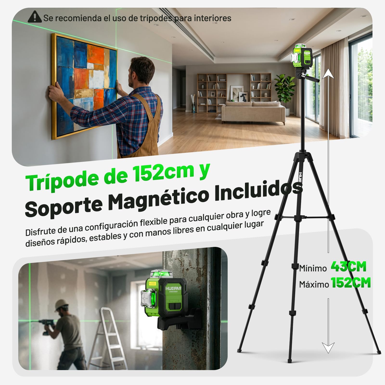 Huepar Livella Laser Verde 3D 3x360° Autolivellante, Precisione ±3mm, 40m(70m con Ricevitore), Compatta Livello Laser con 152cm Treppiede, Ideale per Lavori in Spazi Stretti, Controsoffitti, USB-C