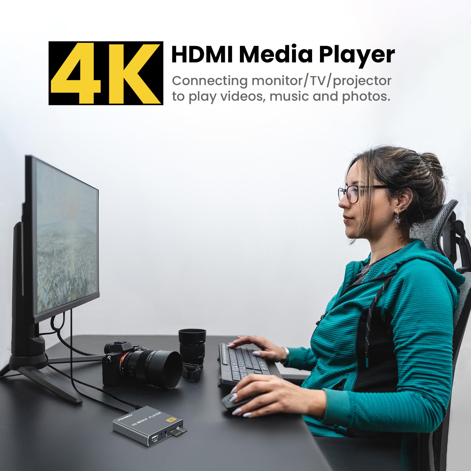 Lettore multimediale digitale 4K Ultra HD, lettore video MP4 TV, mini digital signage HDMI Media Player per unità USB/scheda SD, riproduzione automatica looping, H.265/HEVC, con AV analogico (grigio)