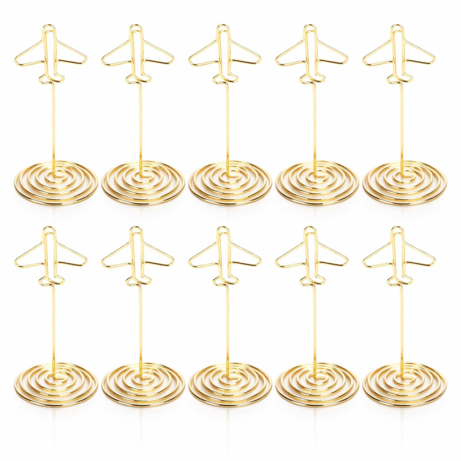 10PCS Table Number Holders, Golden Airplane Holder with Base Cute Card Photo Clips Metal Message Clips Multi Use Card Holders for Party Wedding