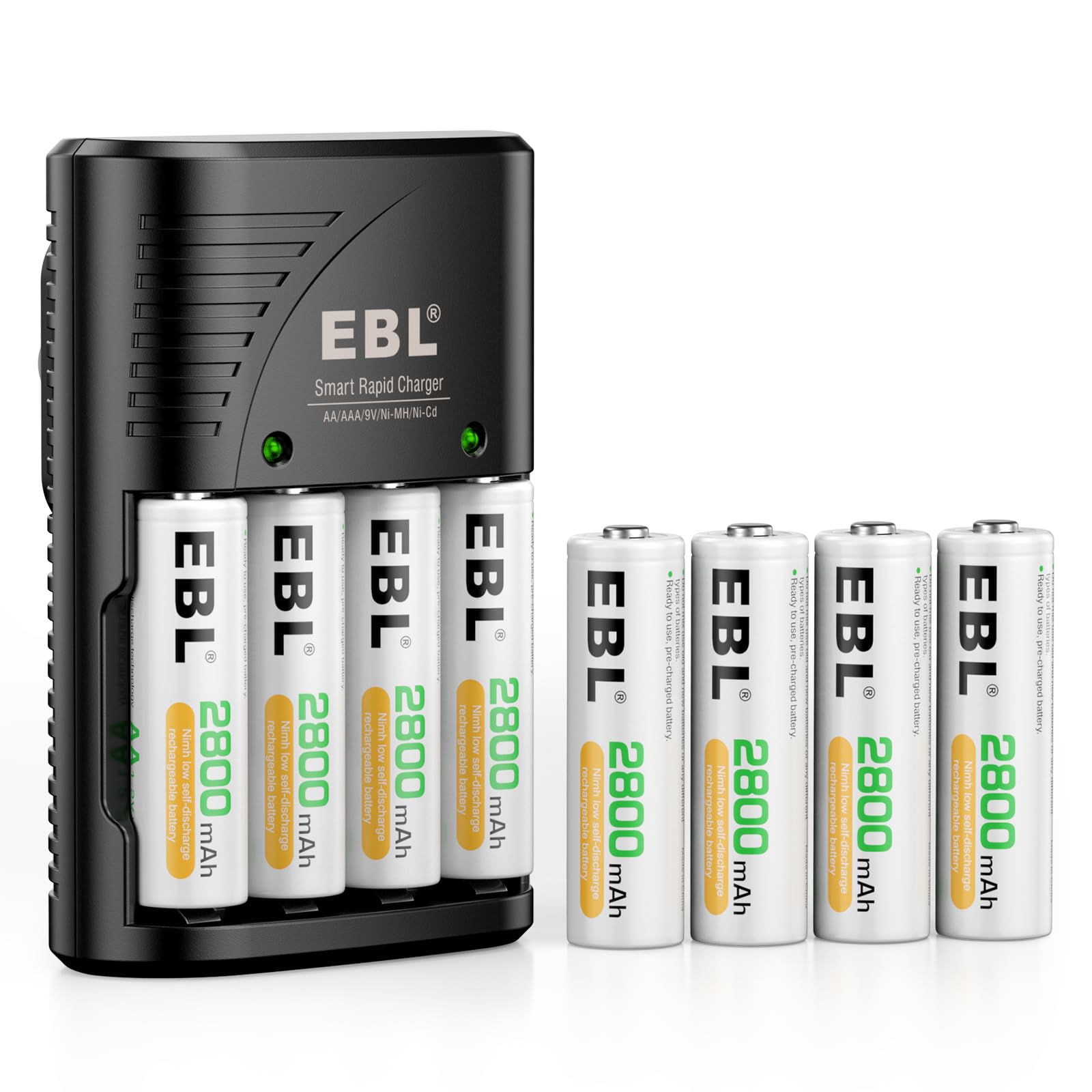 EBL Rechargeable AA Batteries with Charger, 8 Pack Pre-Charged Double A Battery 2800mAh and Battery Charger for AA AAA 9V Batteries