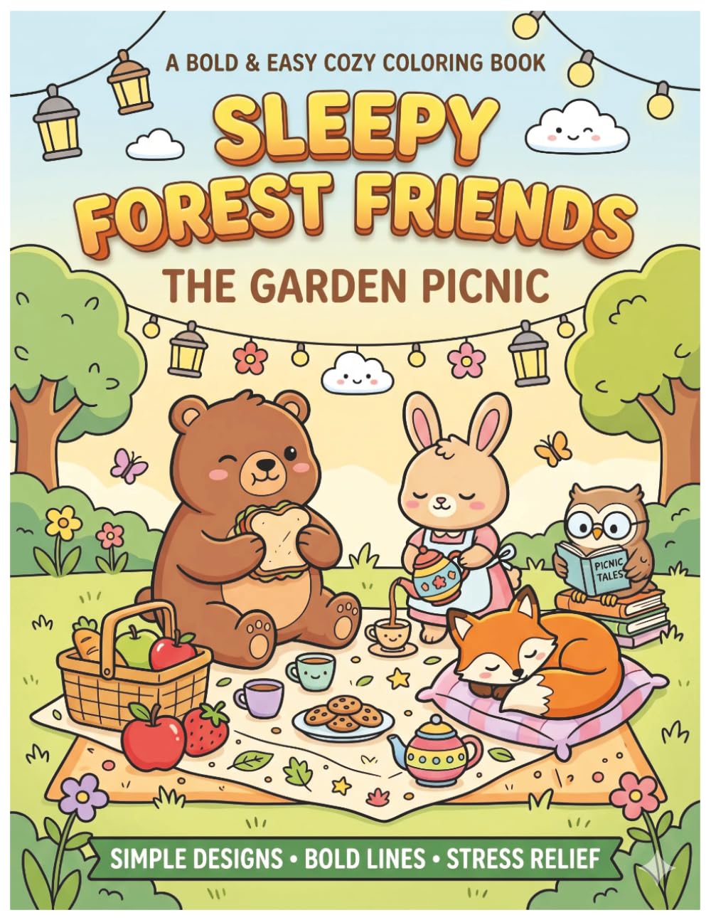 SLeepy Forest Friends Garden picnic: Bold & Easy cozy coloring book