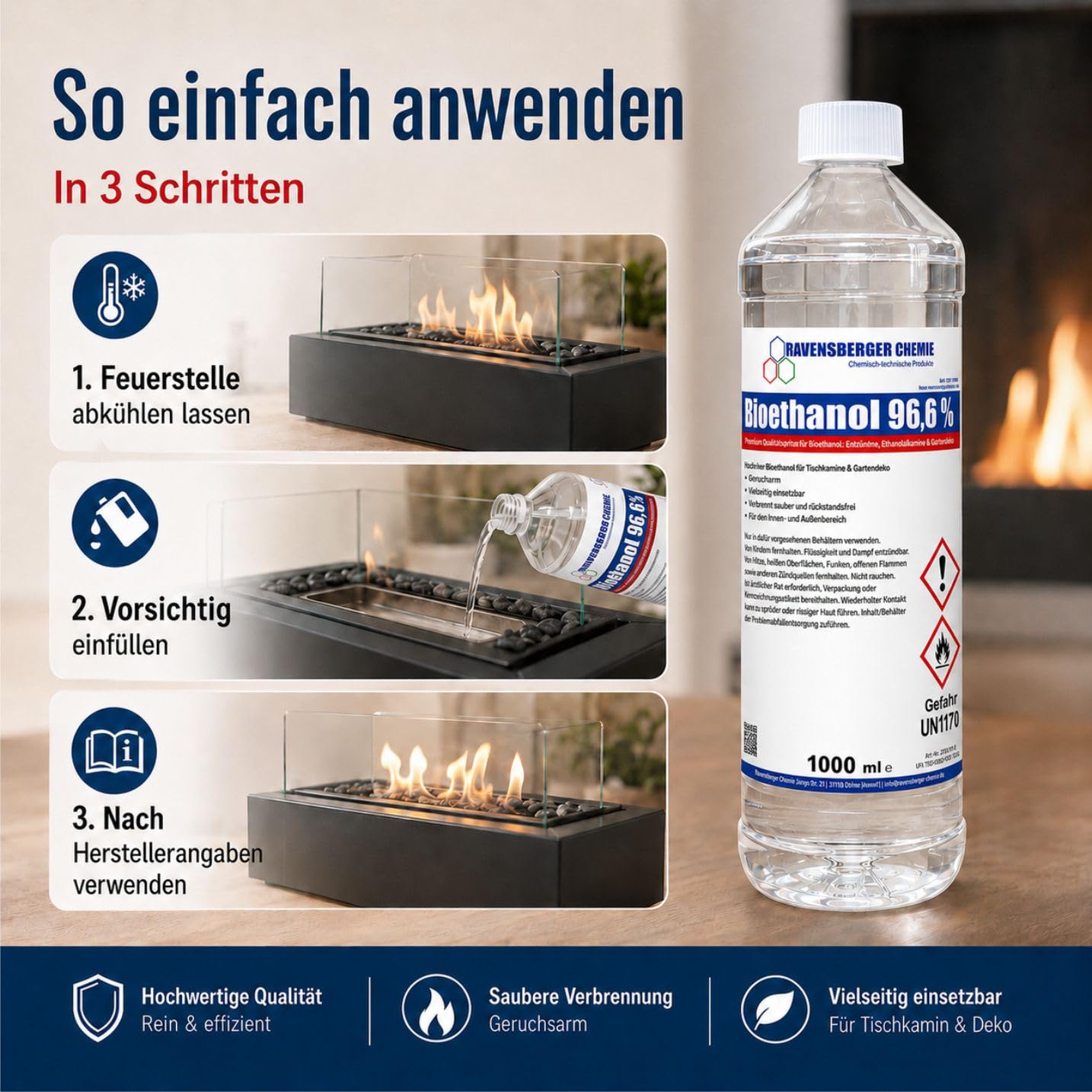 Bioethanol 96,6% - Premium Kaminbrennstoff für Tischkamin, Ethanolkamin, Gartenkamin & Dekorative Feuerstellen, Vergällter Ethanol Brennstoff, Farblos, 10 Liter