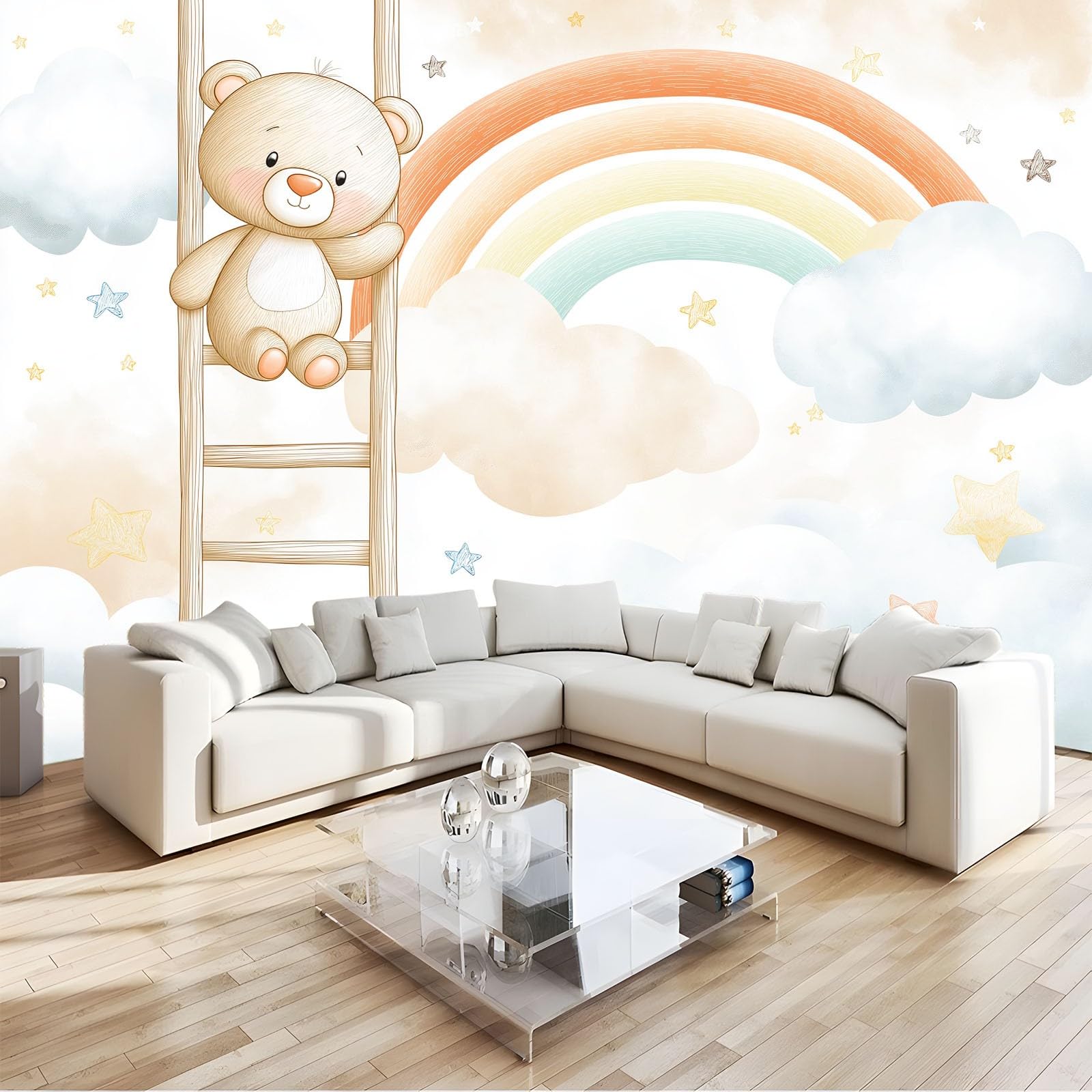 Panoramiczna tapeta 3D kreskówka niedźwiedzie drabiny tęcze białe chmury 200 x 140 cm, tapeta z włókniny - fresk ścienny do salonu, sypialni i biura, dekoracja ścienna druk HD
