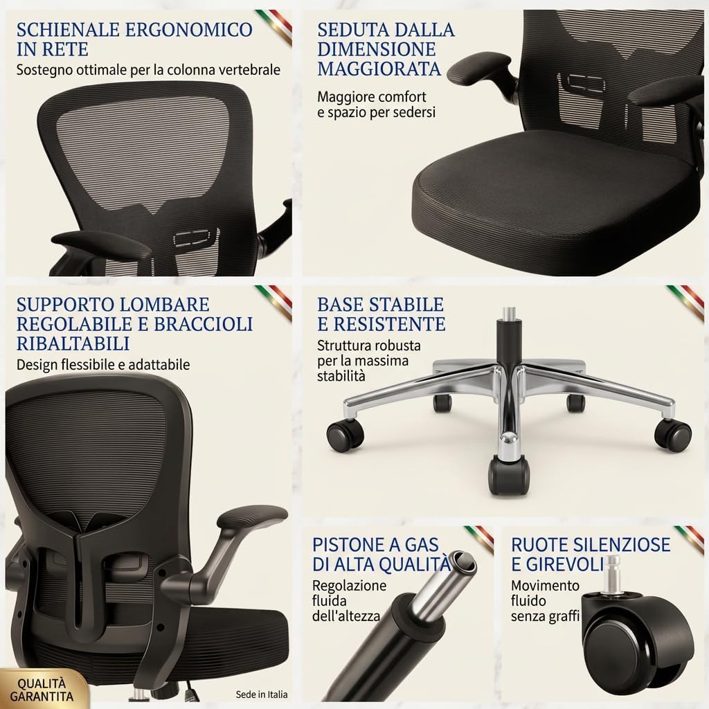 Sedia Ufficio Ergonomica, Sedia da Scrivania e PC Girevole con Supporto Lombare Regolabile, Schienale in Rete, Braccioli Ribaltabili, Altezza Regolabile, Basculante, Nero