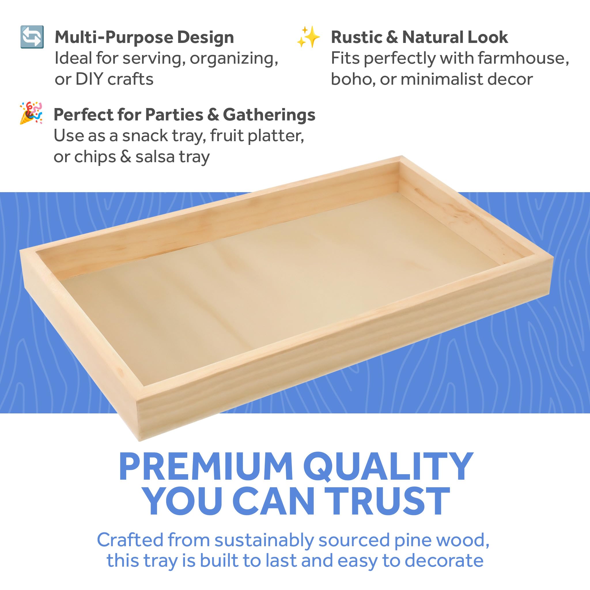 Small Unfinished Wood Tray 8 inch x 12 inch, Bulk Pack of 6 Wooden