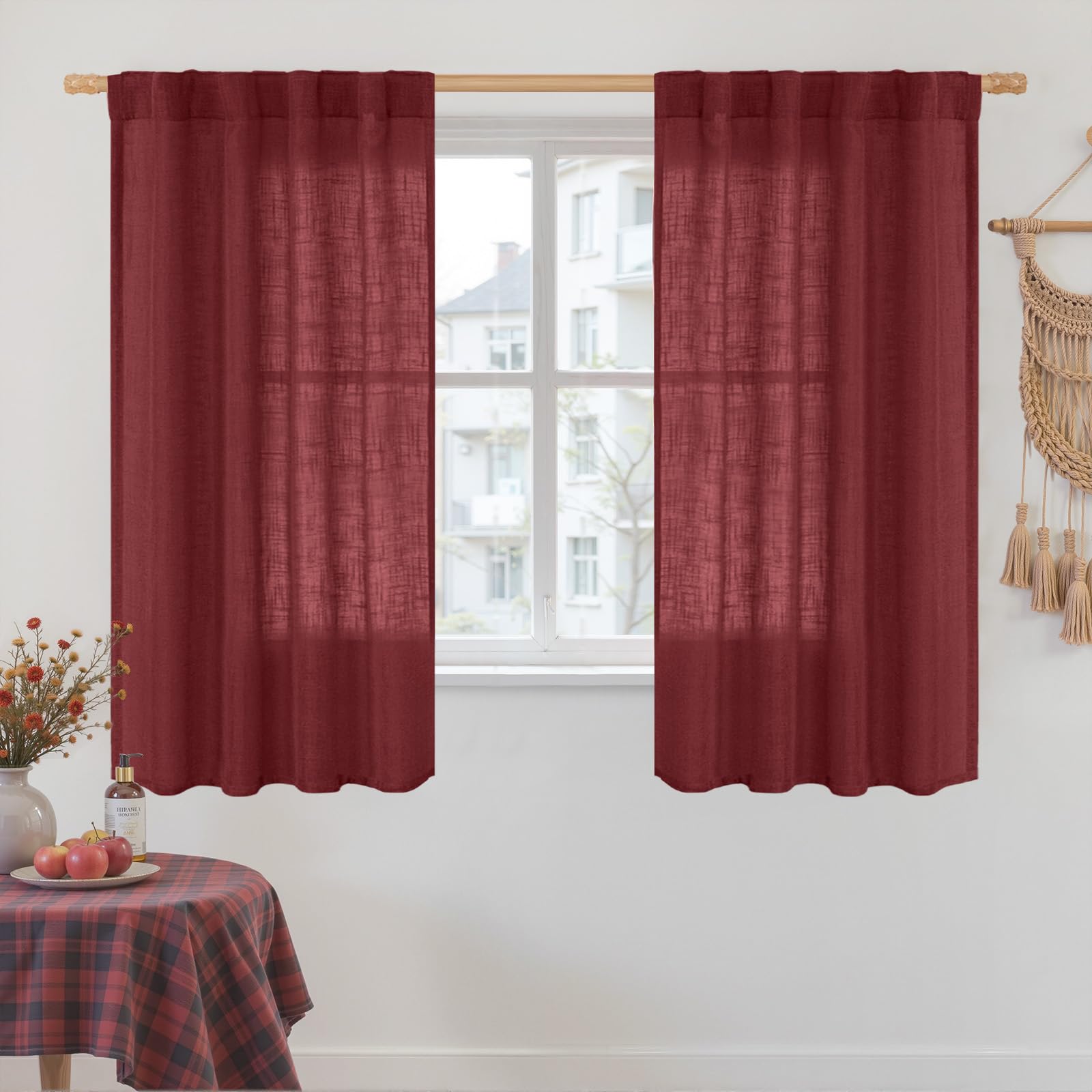 LAMIT Burgundy Red Linen Curtains 45 Inch Length 2 Panels, Light Filtering Panels Back Tab and Rod Pocket Christmas Decor Drapes for Kitchen/Window/Loft Room/Bedroom, 34 x 45 Inch โ image 1
