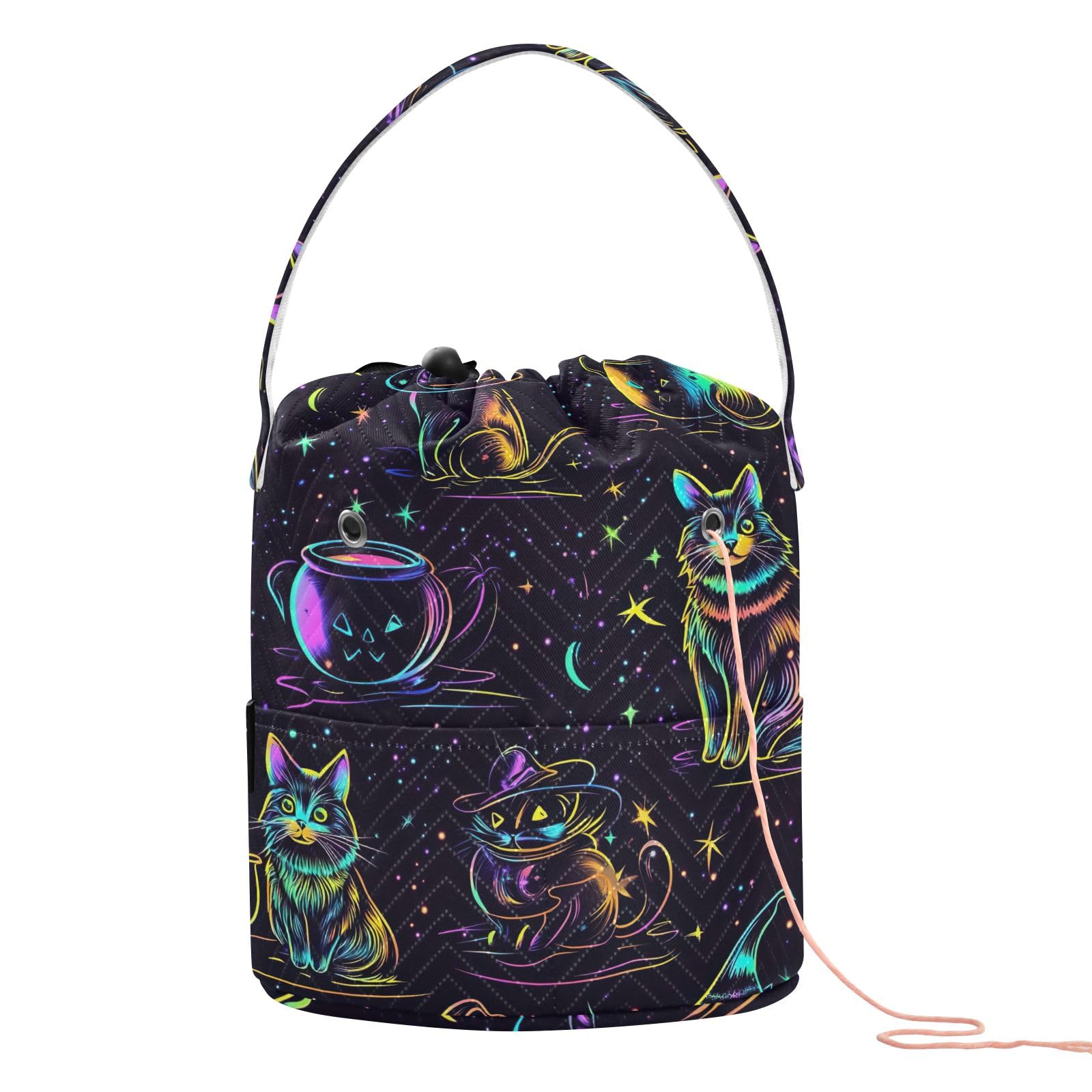 Neon Halloween Cats Yarn Bag Portable Knitting Bag, Crochet Tote Bag Yarn Storage Bag for Crochet Accessories and Supplies