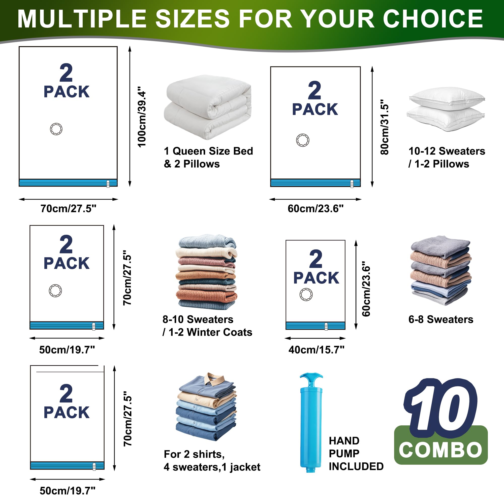 Oumaru Vacuum Storage Bags for Clothes Vacuum Bags, Space Saver Bags for Clothes Duvets and Pillows, Hand Pump Included, 10 Combos - Image 2
