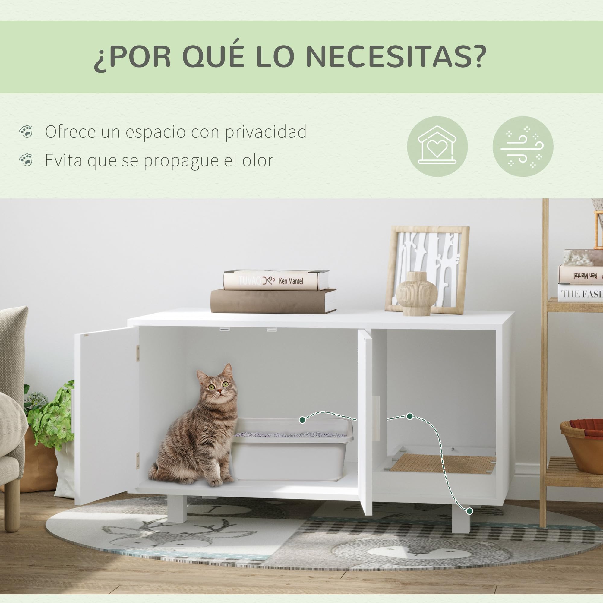 PawHut Arenero para Gatos Mueble Arenero con Puerta Rascador Caja de Arena para Interior 91x52x50,5 cm Blanco