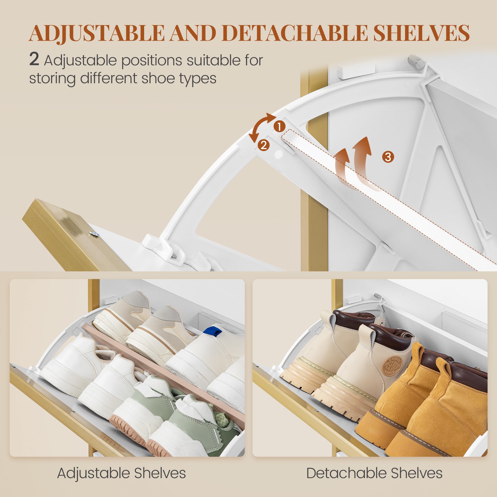 HEXCELEN Armario Zapatero Estrecho con 4 Puertas Abatibles, Zapatero con Cajón, Divisor Ajustable y Desmontable, 100 x 24 x 99 cm, para 16-24 Pares, para Pasillo, Entrada, Blanco-Dorado