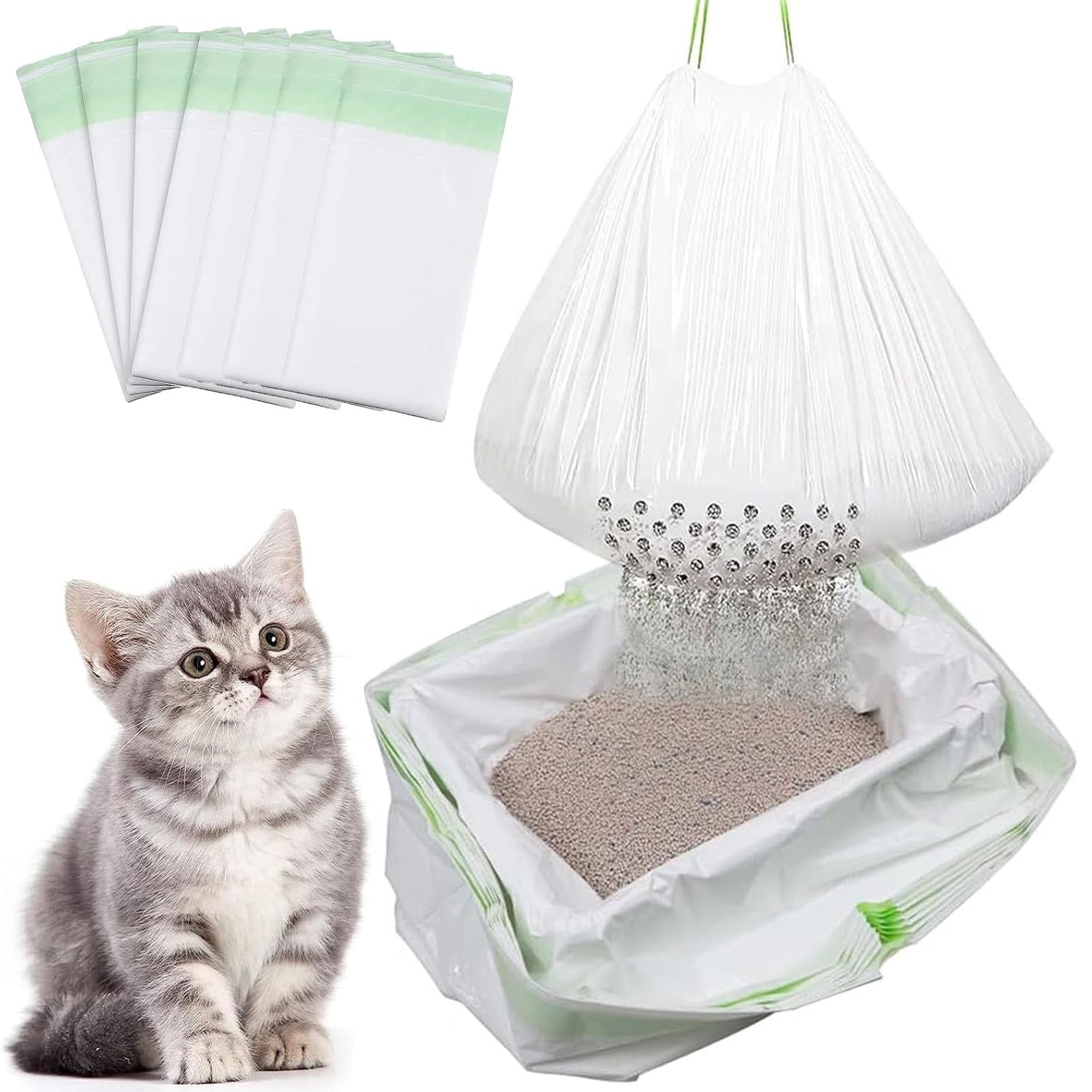 Hfpengzan 42Pcs Sifting Cat Litter Box Liners with Holes, Large Drawstring Cat Litter Pan Bags - 37" x 18"