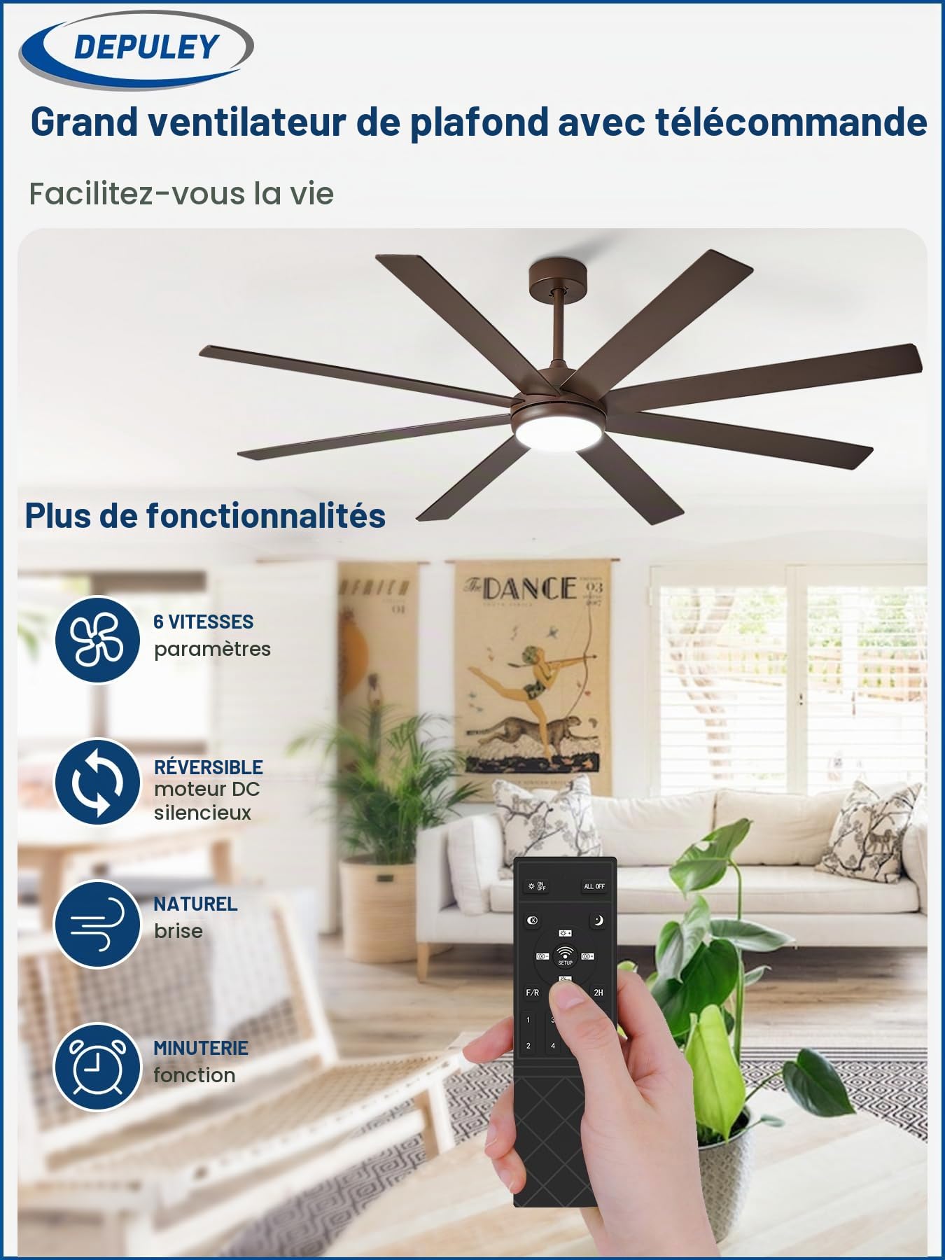 Depuley Ventilateurs de plafond 66 pouces avec éclairage: Grand ventilateur de plafond extérieur pour salon - Ventiladores de techo grandes de 8 aspas con mando a distancia