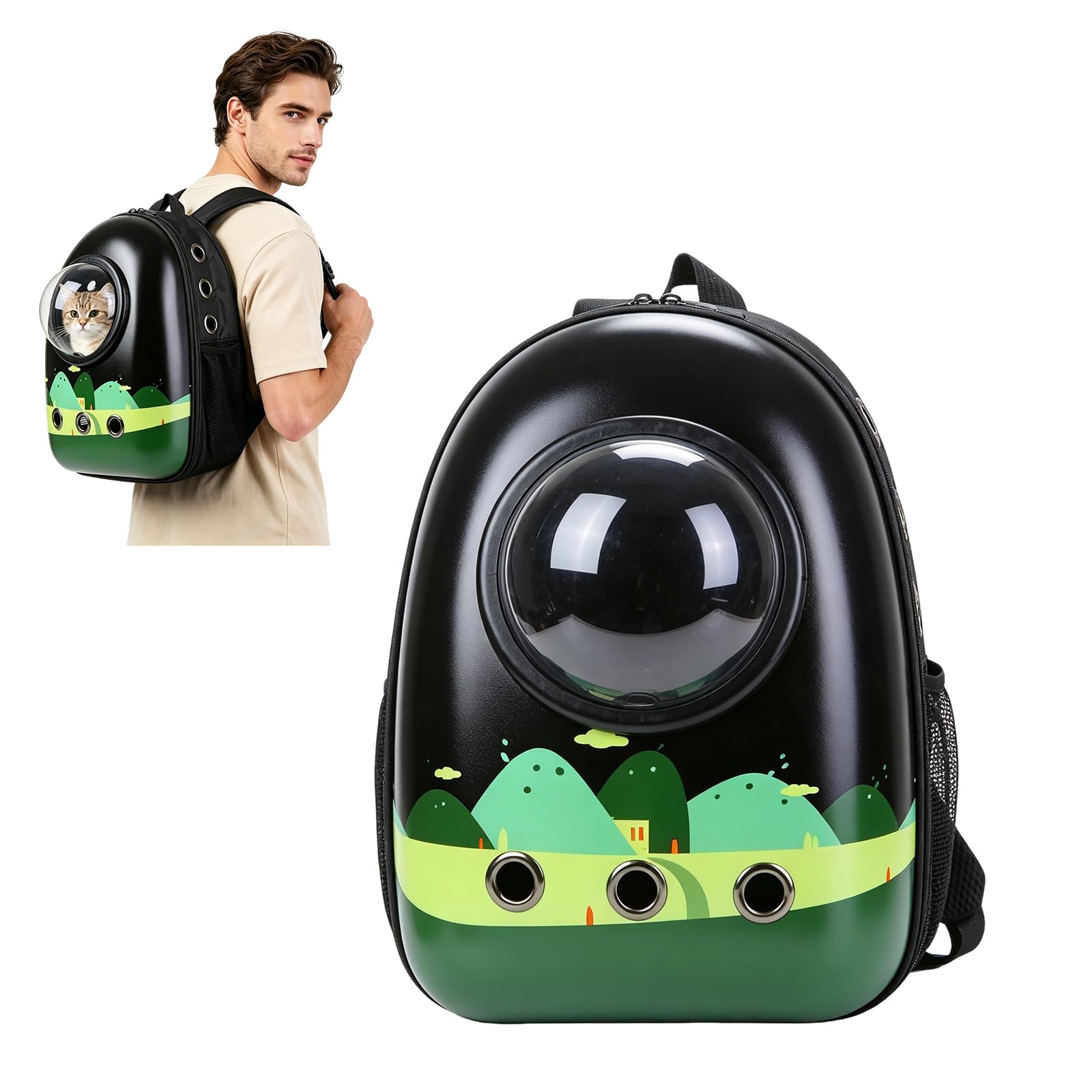 PETCUTE Sac à Dos de Transport pour Chat, Respirant et Bulle Sac à Dos Animal de Compagnie avec Tapis en Laine Lavable,Imperméable Sac à Dos Chat Chien avec Sac de Rangement,Bandoulière Réglable