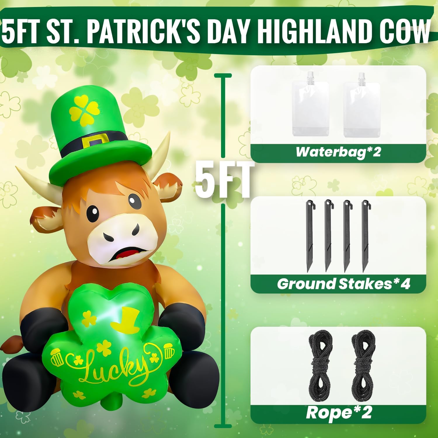 5FT St. Patrick's Day Inflatable Highland Cow Blow Up Highland Cow with Shamrock and Bow Hat Outdoor Decoration with LED Lights for Yard, Garden, Lawn, Home, Party Decor - Image 2