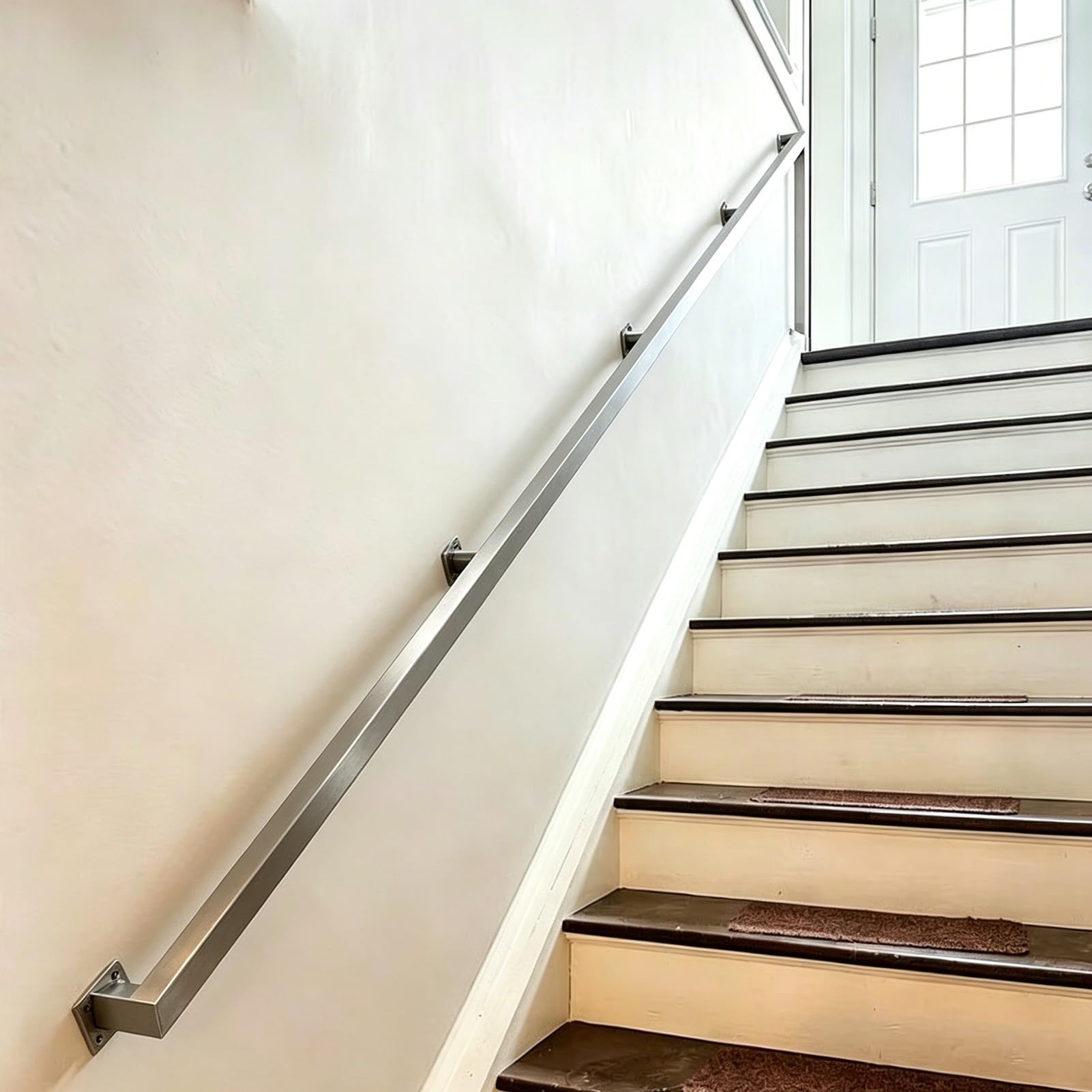 Hamankim One Color Indoor Grab Handles, Modern Brushed Stainless Steel Square Pipe Support Rod Non-Slip Banister, 30Cm-600Cm Sturdy Handrail For Outdoor Stairs, Porch, Deck - Silver(17Ft/5.1M)