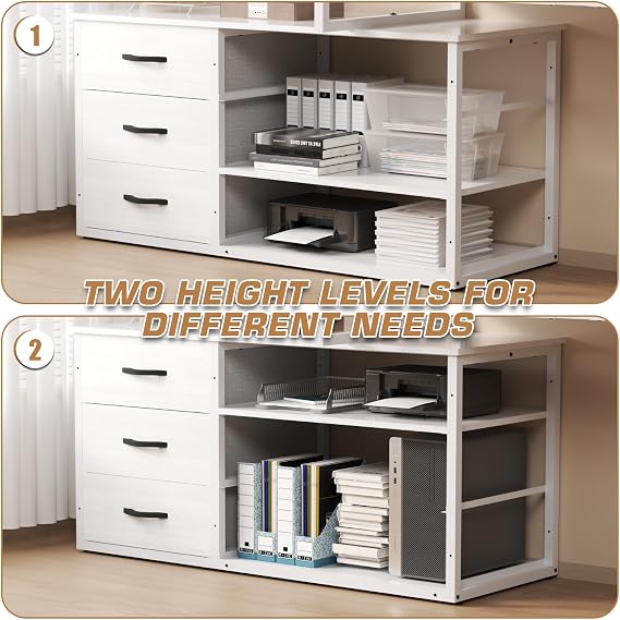 TRIUMPHKEY L Shaped Desk140x105cm With 3 Drawers, Reversible Computer Desk with Extra Storage Space, Adjustable Height Partitioned Storage Space, Corner Office Desk with charging outlets, White