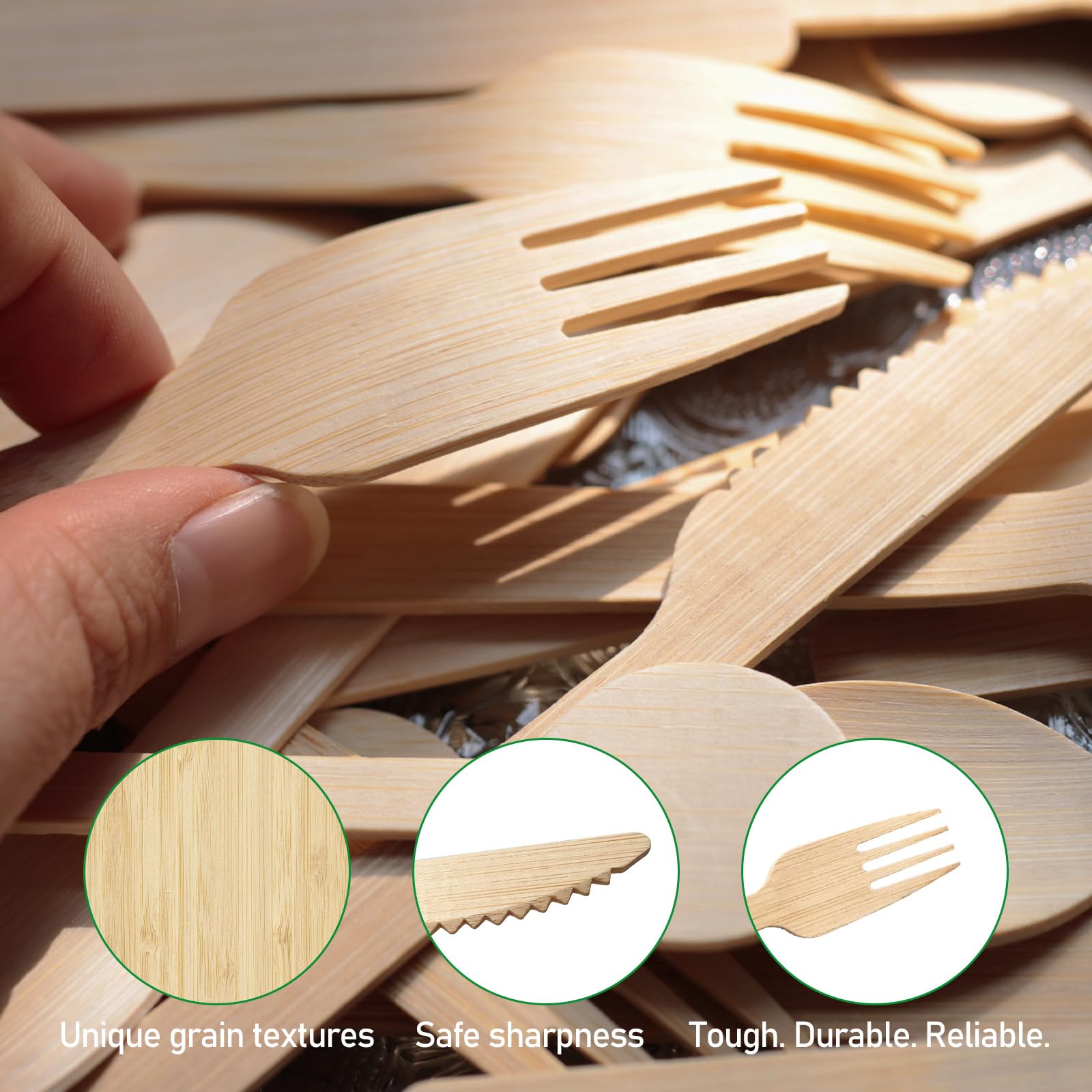 EcoBambFly Disposable Bamboo Cutlery (140forks 70spoons 70 knives) Reusable 100% Compostable Biodegradable Sustainable flatware Wooden Plastic Alternatives Durable utensils Parties Picnics Weddings