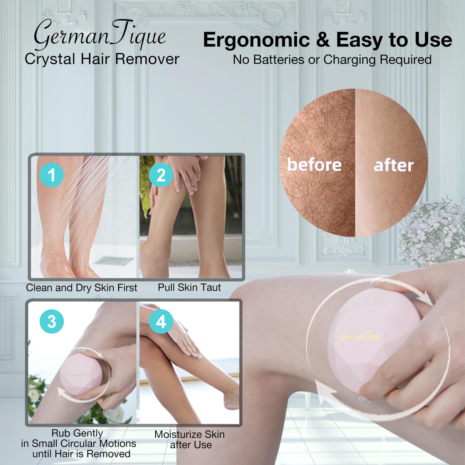 GERMANTIQUE Crystal Hair Eraser,Upgraded Crystal Hair Remover Diamond,Painless and Effective Nano Glass Hair Removal Stone and Skin Exfoliation,Natural Epilator for Women and Men(Pastel Pink) - Image 4