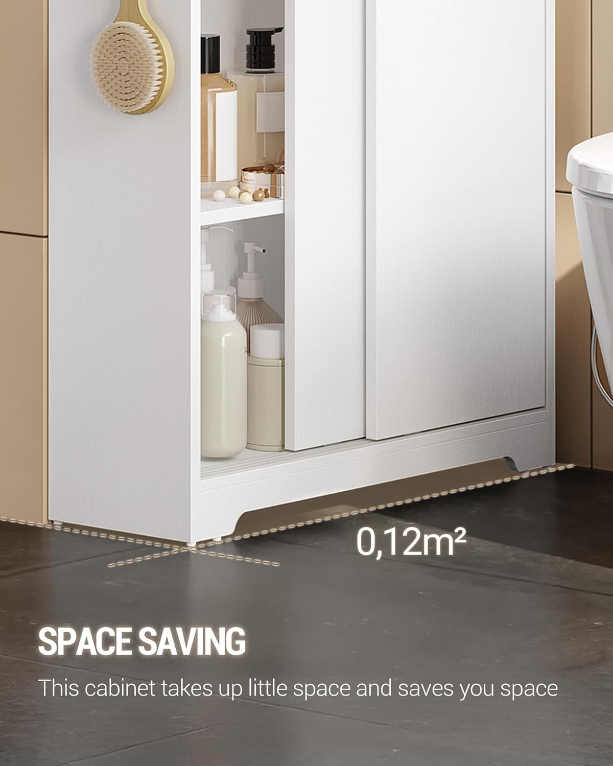 Diagram illustrating the space-saving footprint of the Hzuaneri BC62813X Bathroom Cabinet