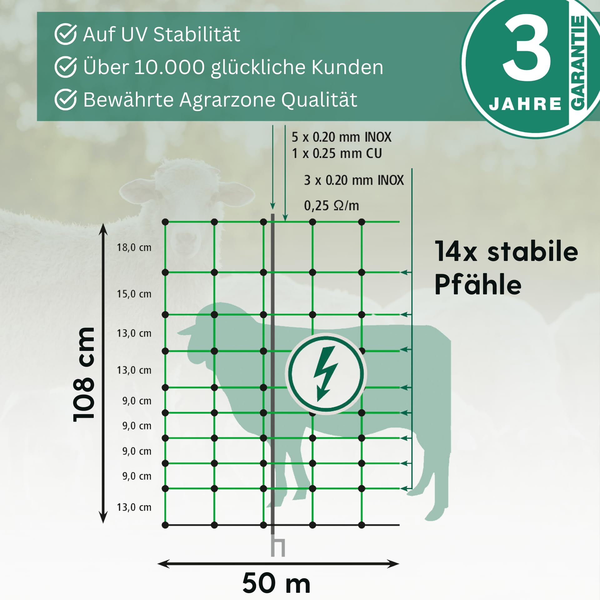 Agrarzone siatka dla owiec ogrodzenie elektryczne dla owiec zielone 50m x 108cm | Elektryczne ogrodzenie pastwiska z podwójnym szpikulcem i palikami | Ogrodzenie ochronne dla owiec kóz jagniąt
