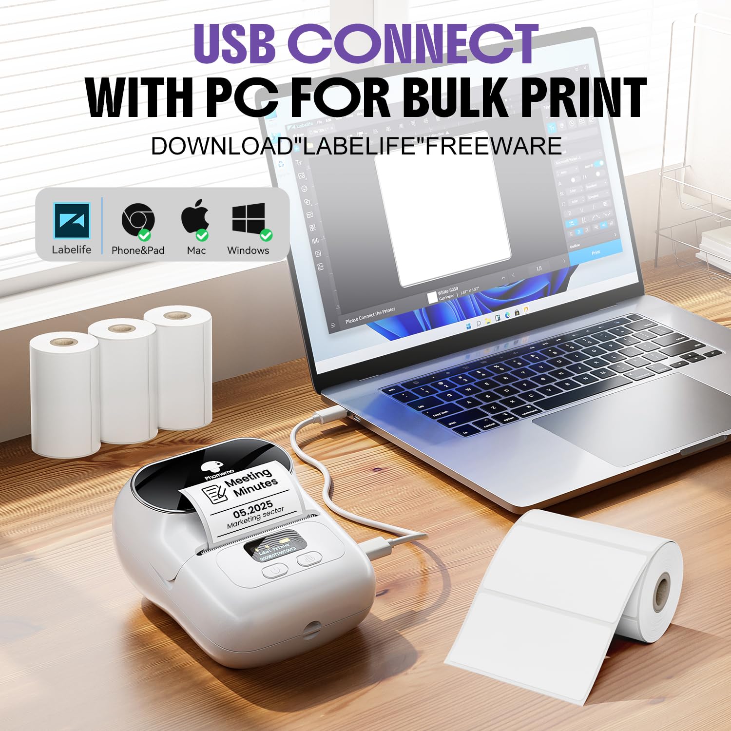Phomemo M110 Etichettatrice con 4 rotoli di etichette, stampante termica portatile Bluetooth per etichette adesive, per uso in ufficio, codici a barre, piccole imprese, negozi