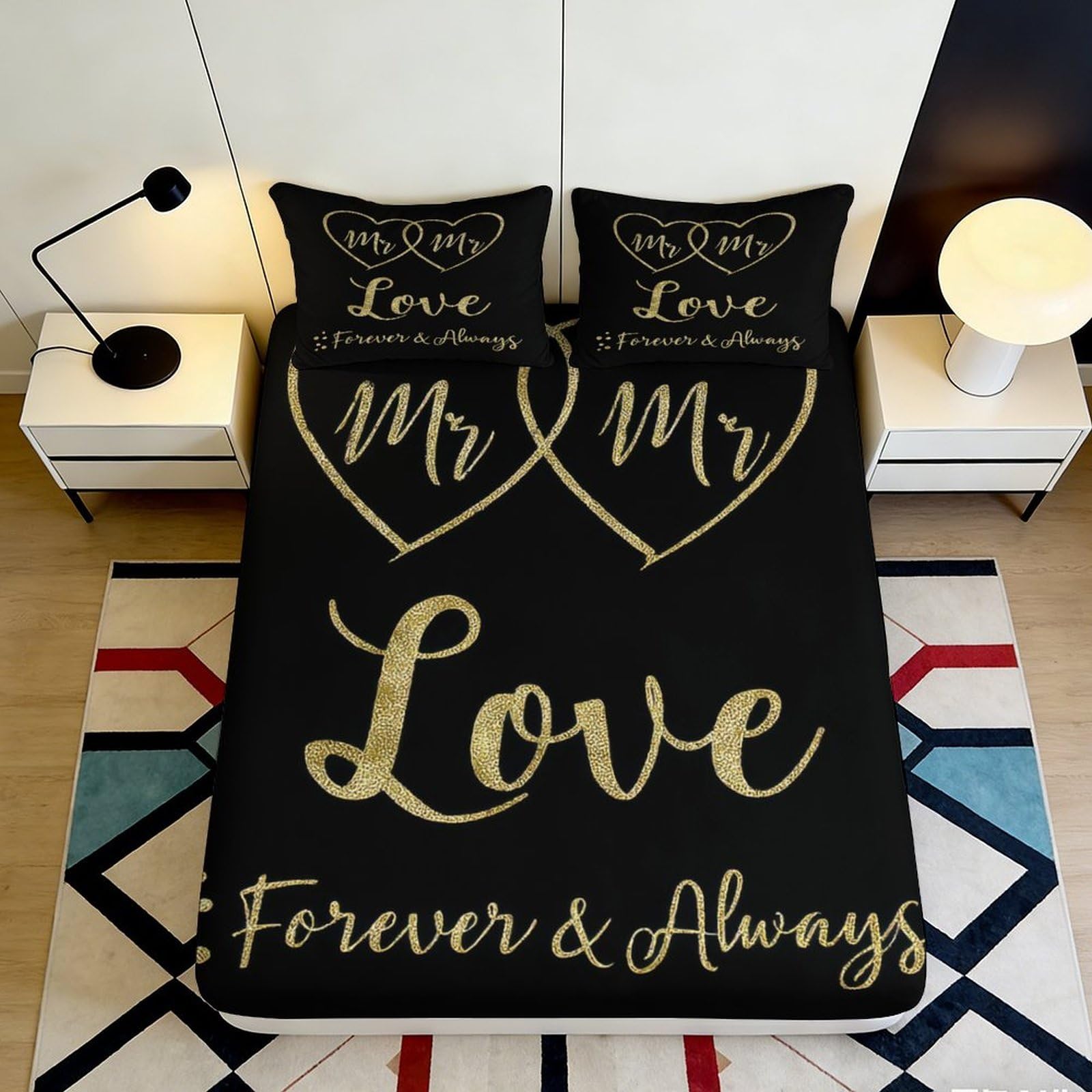 3D Printed Mr & Mr Heart Fitted Sheet Microfiber Gold Black Love Bed Cover Anti-Slip Machine Washable Bedroom Decor 90x200x25cm