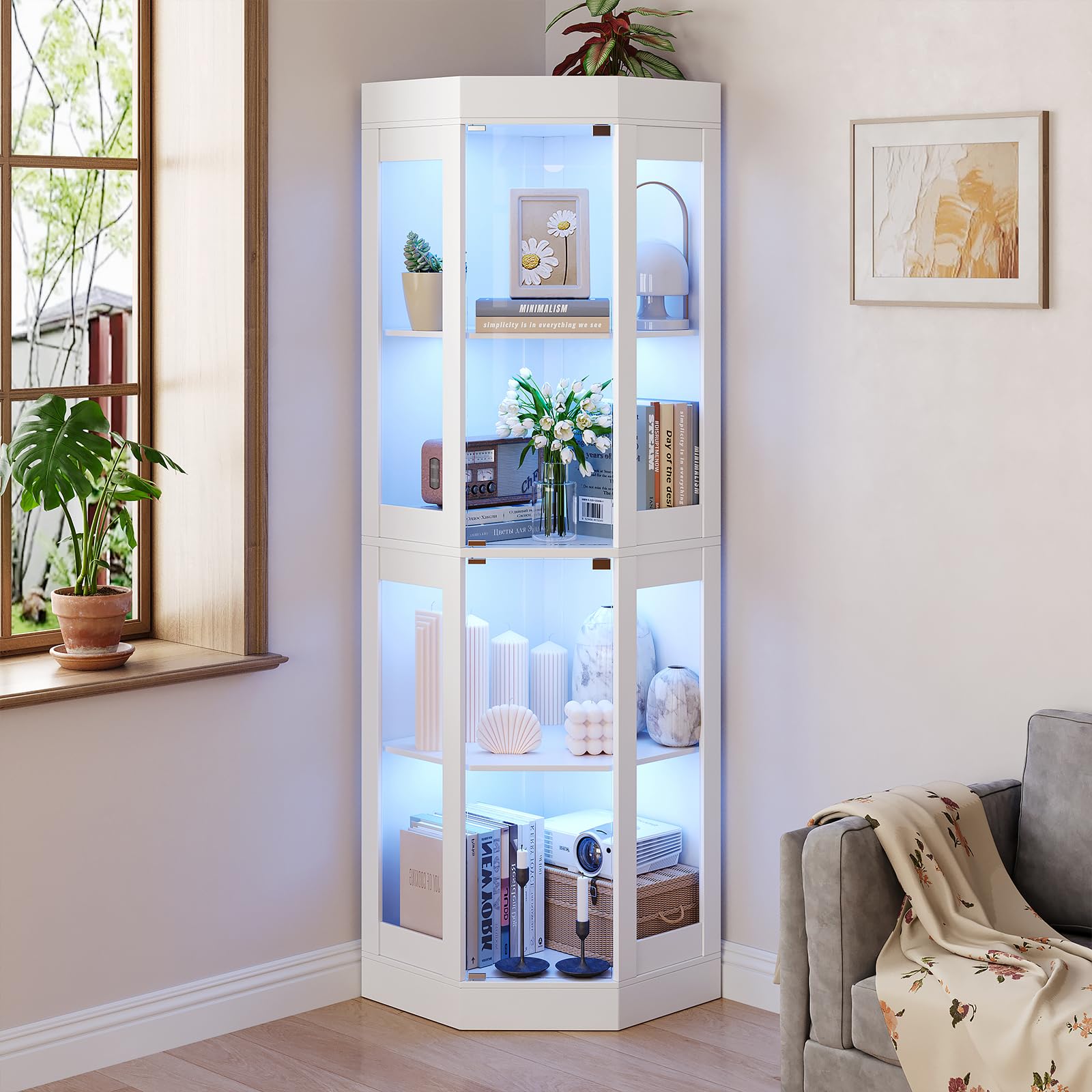 178 cm Eck-Glasvitrine mit LED-Beleuchtung, 4 Ablagen & Glastüren, Weiß