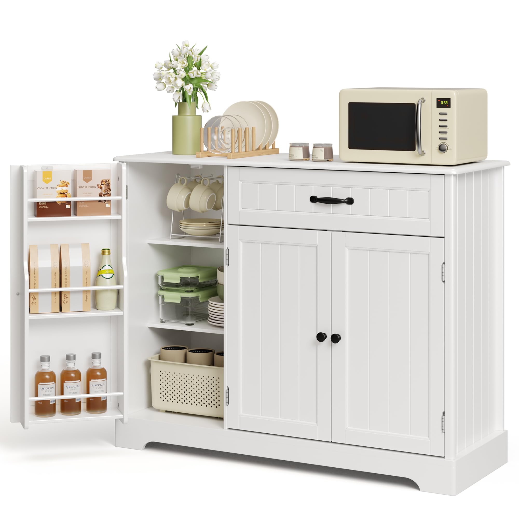 Ahomly Buffet Cabinet with Storage in white, featuring a wide desktop, a drawer, and two cabinet sections, one with a single door and the other with double doors. The cabinet is shown in a kitchen setting with various items on top and inside.