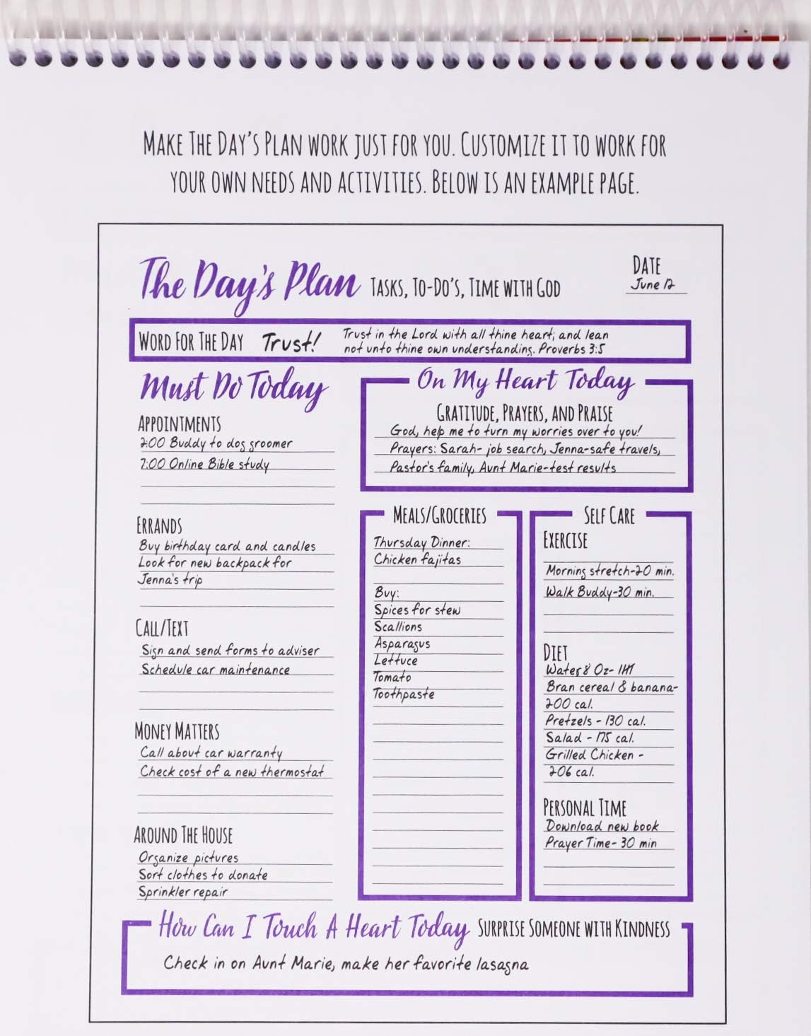 The Day's Plan Daily Christian Organizer for Tasks, To Do's, Groceries, and Time with God 10x8 Spiral Bound 51 pages (Pack of 2)