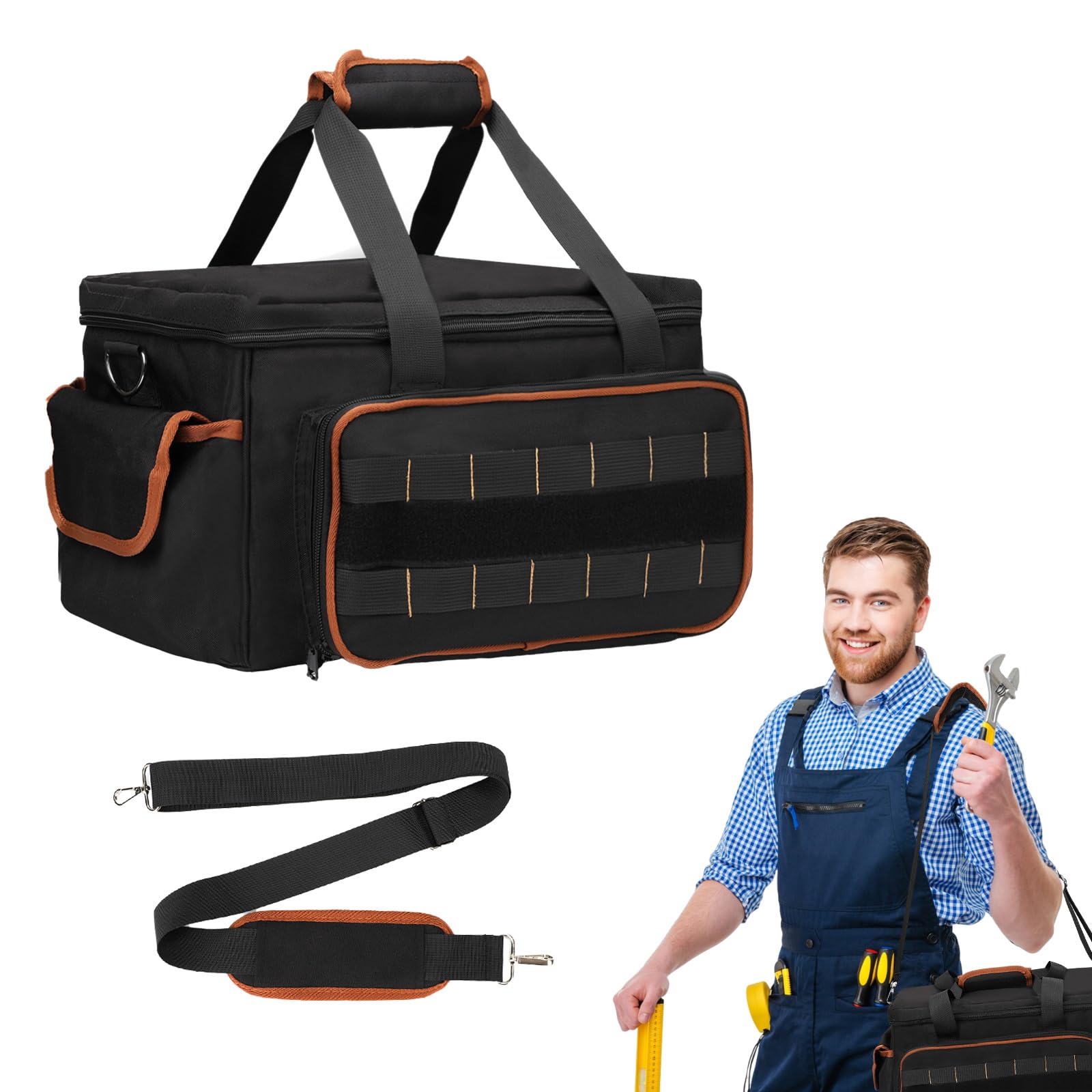 Bolsa de herramientas para electricista de 17 pulgadas, bolsa de herramientas con múltiples bolsillos, tela Oxford resistente con costuras reforzadas, correa de hombro ajustable, para