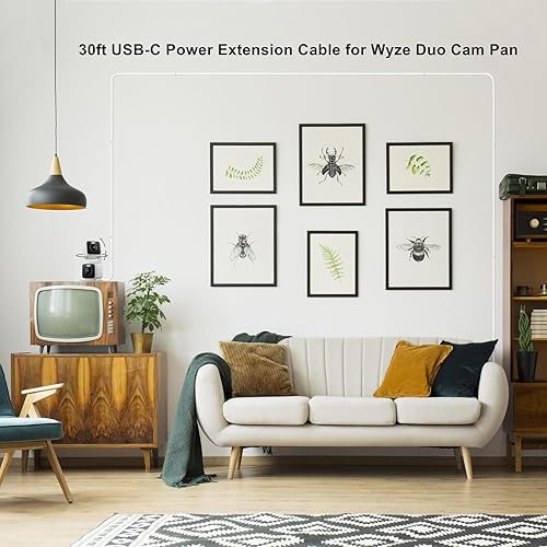 Miniatura 3 de Cable de extensión de alimentación USB C de 30 pies compatible con WYZE Duo Cam Pan 6,643.7-29.5 ft, cable de carga plano largo para CCTV y Petcube